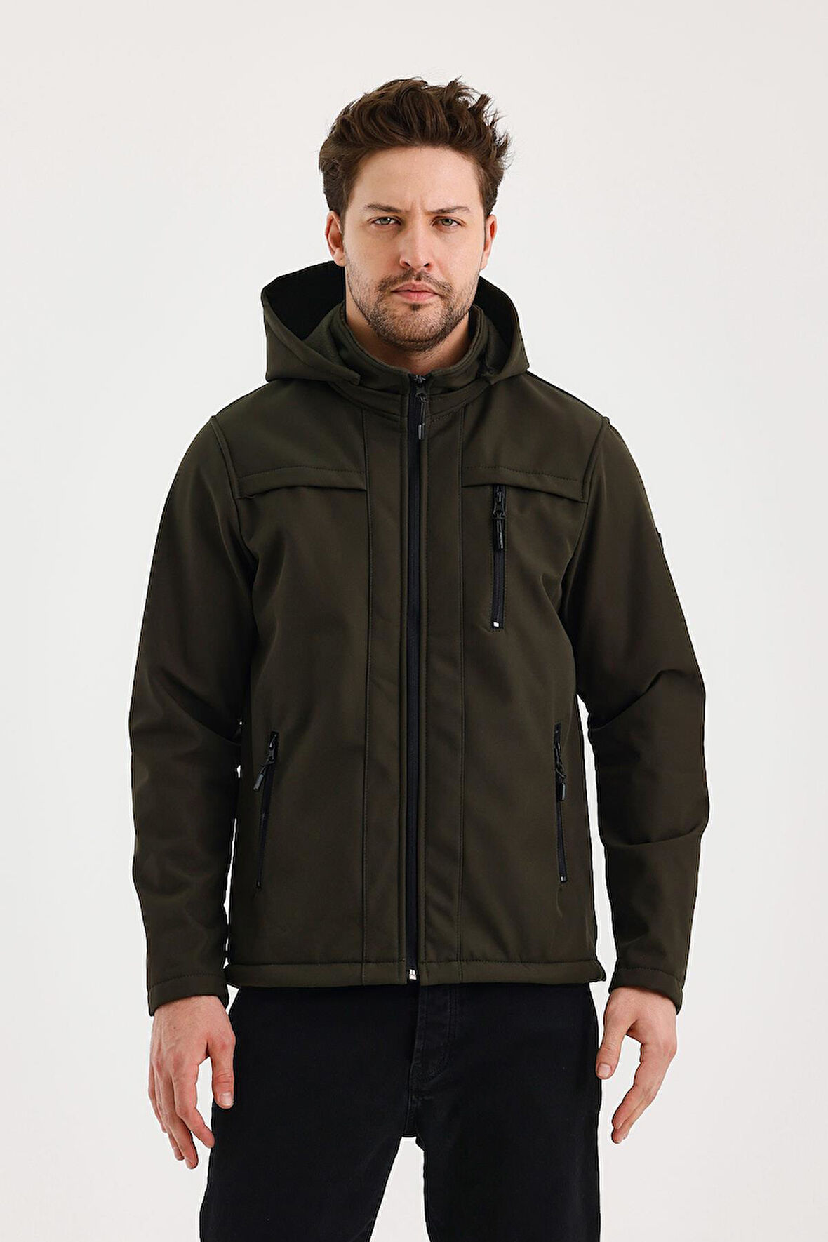 Yeşil Erkek %100 Su Geçirmez İçi Polarlı İç Çepli Çıkartılabilir Kapüşonlu Softshell Mont&Kaban 