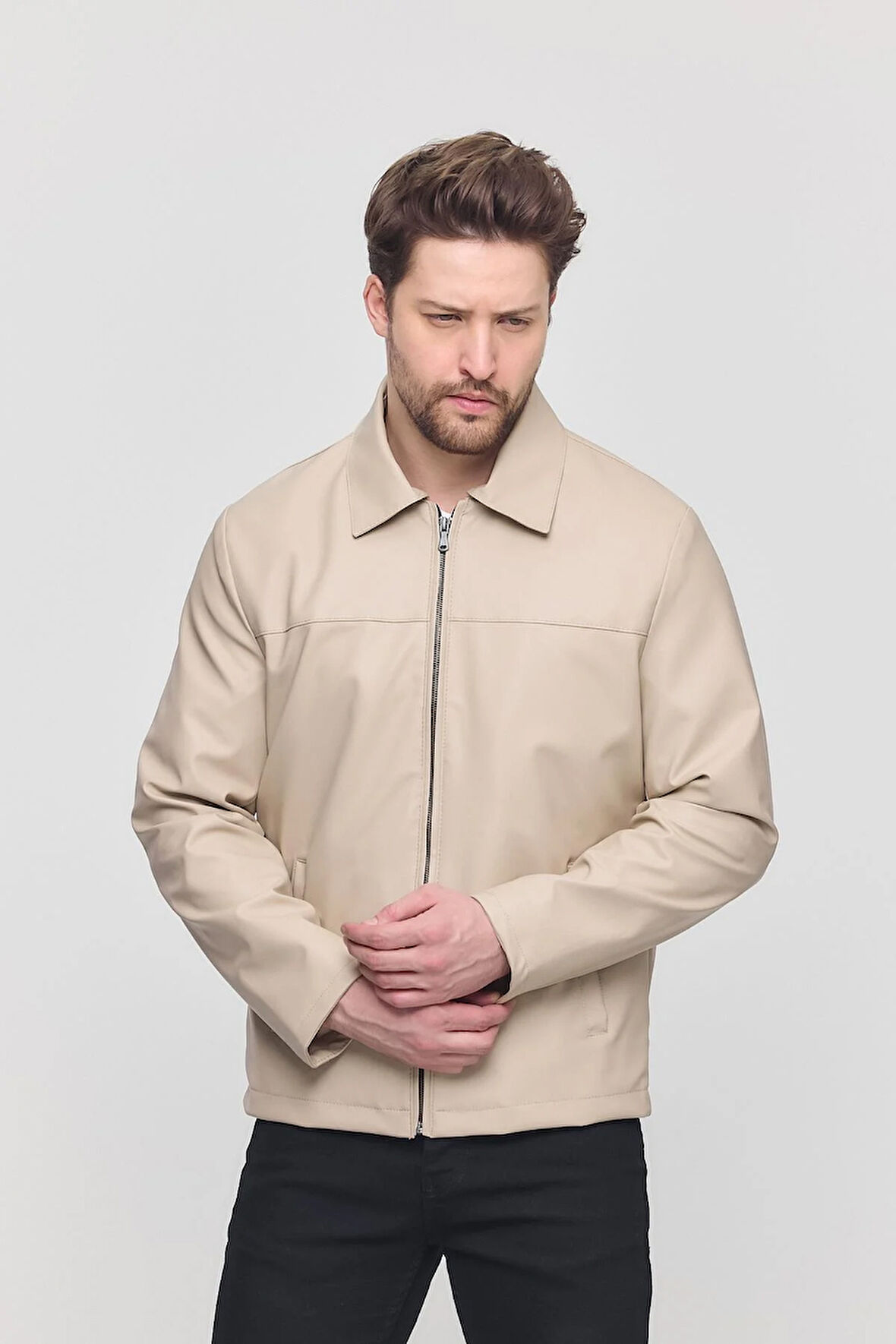 Krem Erkek Basic Suni Deri Yazlık Ceket&Mont