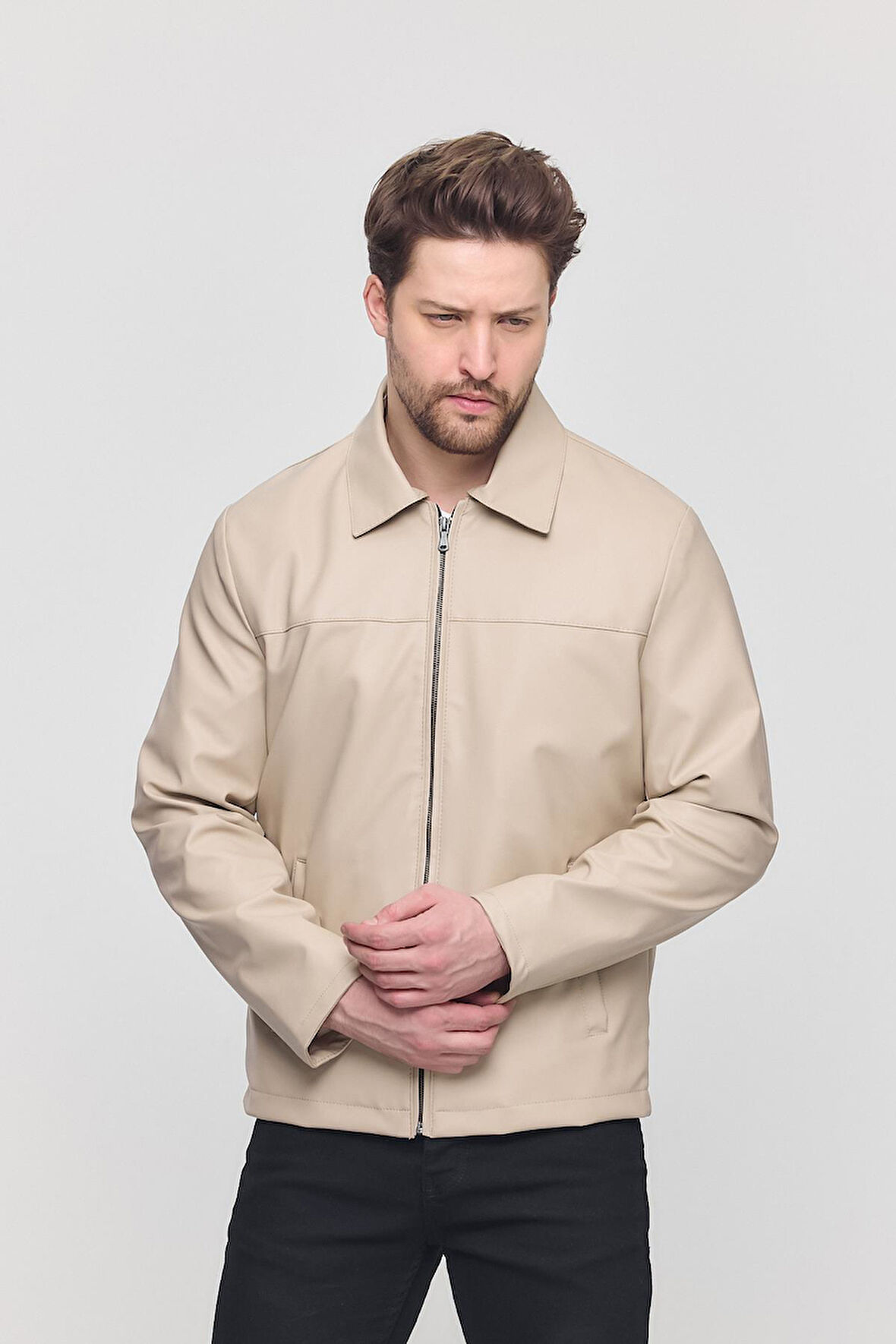 Krem Erkek Basic Suni Deri Yazlık Ceket&Mont