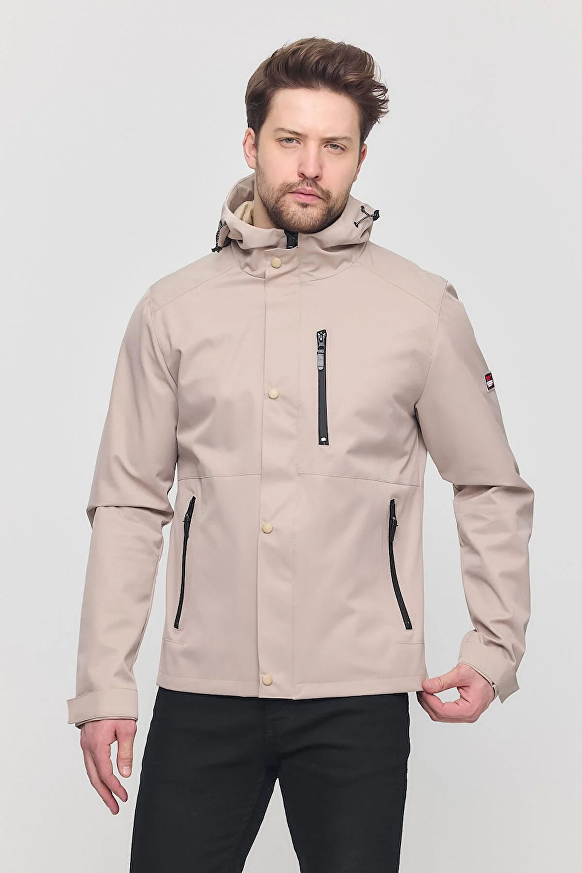 Krem Erkek Sabit Kapüşonlu Mont&Kaban