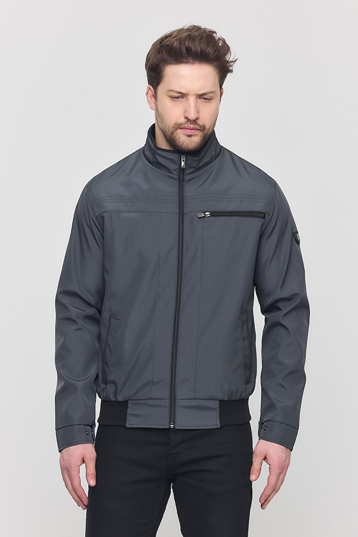 Erkek Antrasit Mevsimlik Triko Detaylı Fermuarlı İç Cepli Mont&Ceket