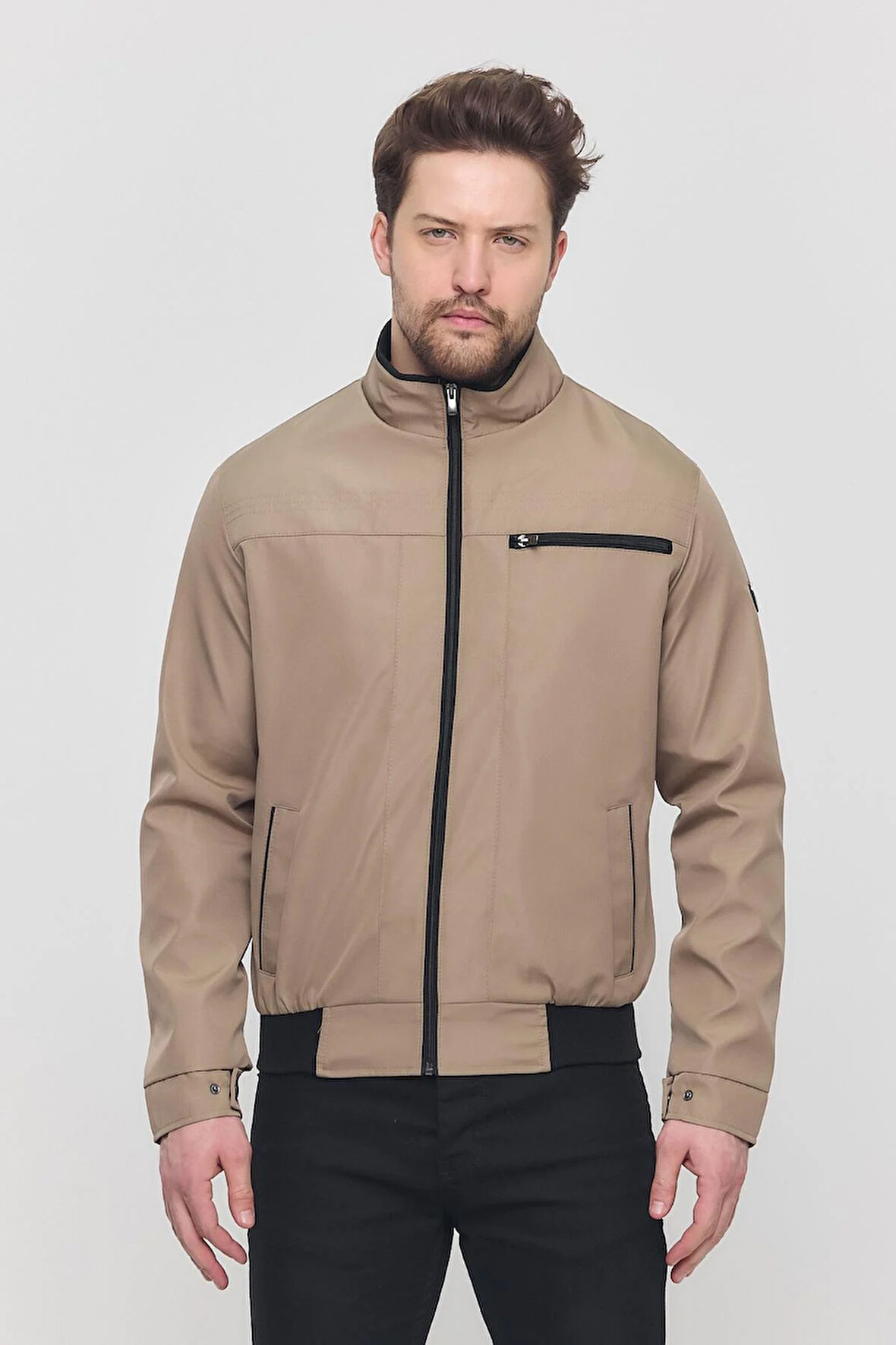 Erkek Açık Gri Mevsimlik Triko Detaylı Fermuarlı İç Cepli Mont&Ceket