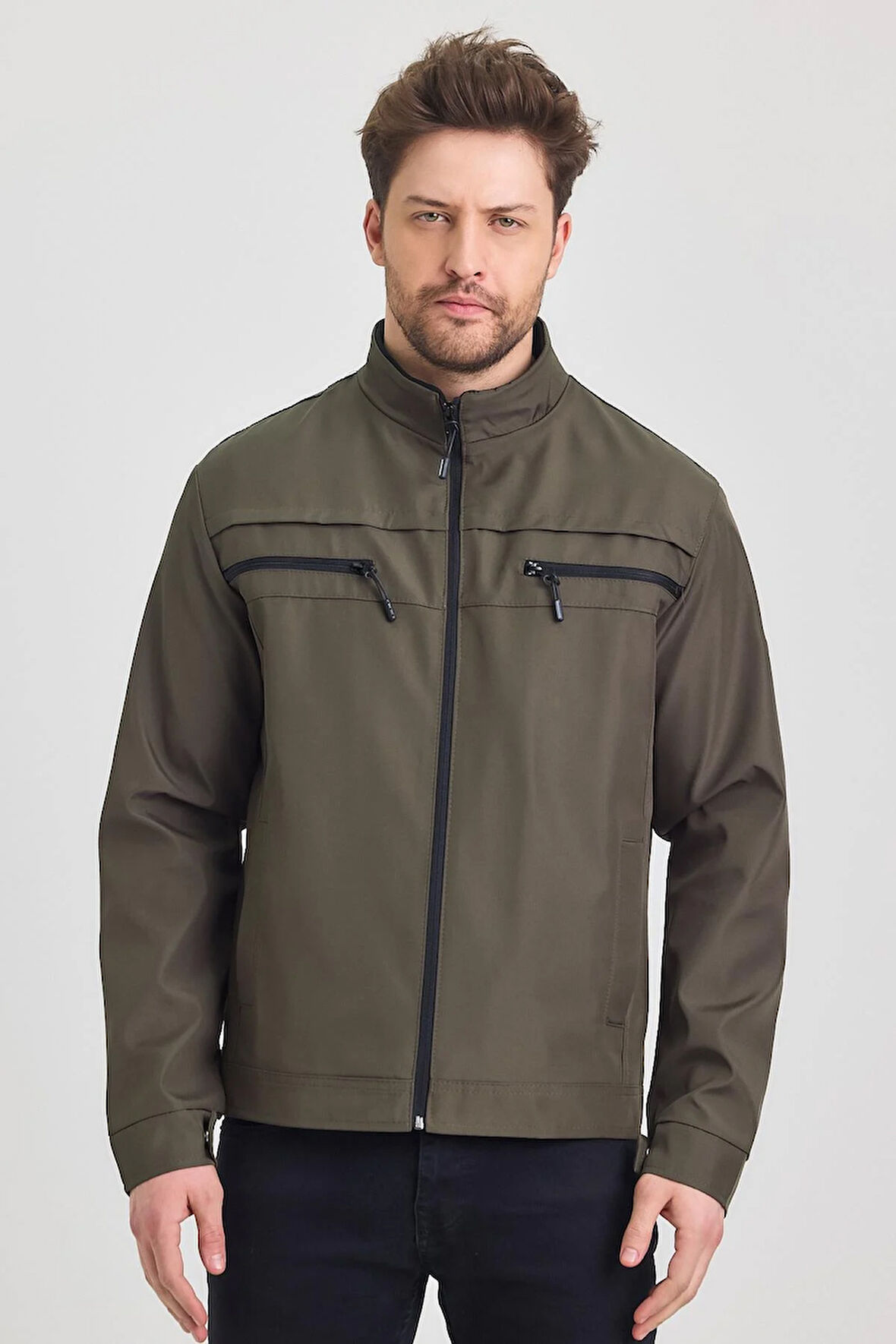 Yeşil Erkek Pamuk Polyester Karışımlı Çift Göğüs Fermuarlı Su Ve Rüzgar Geçirmez Mevsimlik&Yazlık Mont