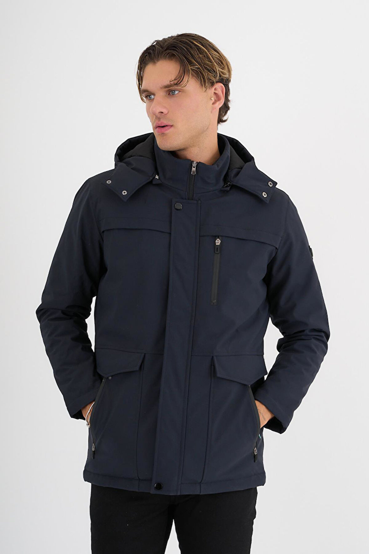 Erkek Lacivert %100 Su Ve Rüzgar Geçirmez Kürklü Çıkartılabilir Kapüşonlu Mont&Kaban