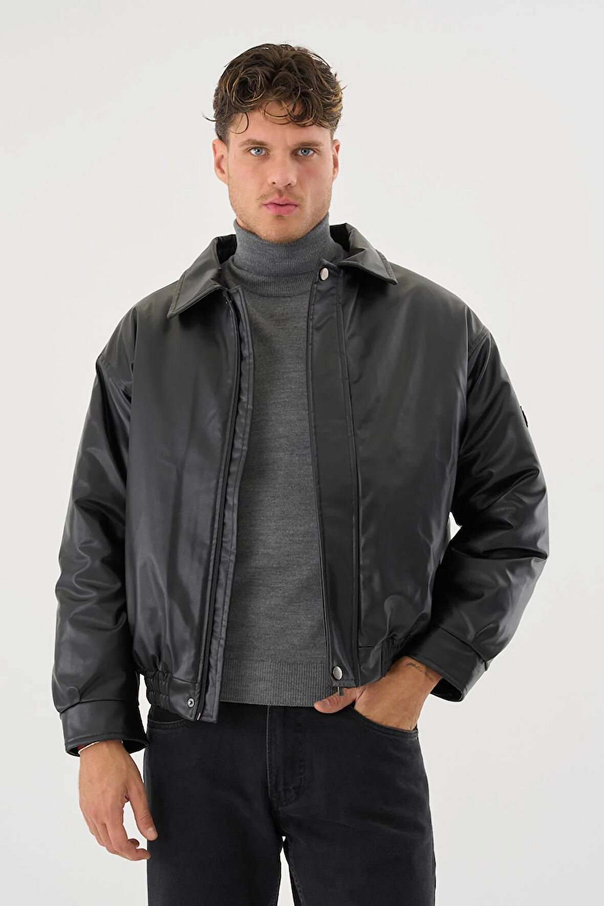 Erkek Siyah Deri Oversize Basic Mont&Ceket