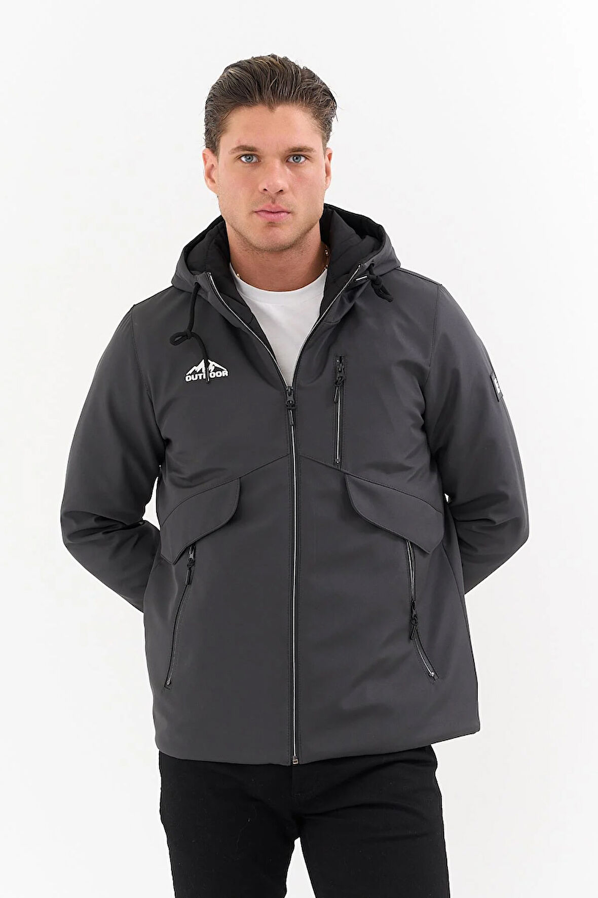 Erkek Gri Outdoor Su İtici Kapüşonlu Kaban – Rüzgar Geçirmez, Hafif ve Dayanıklı