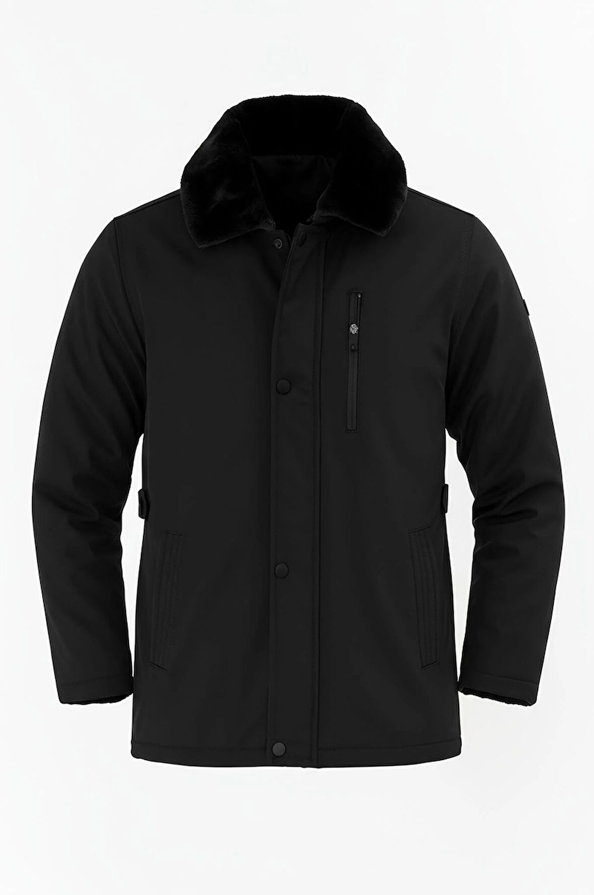 Erkek Siyah Yakası Çıkartılabilir Kürklü Su İtici İçi Kürklü Kaban – Rüzgar Geçirmez, Hafif ve Dayanıklı