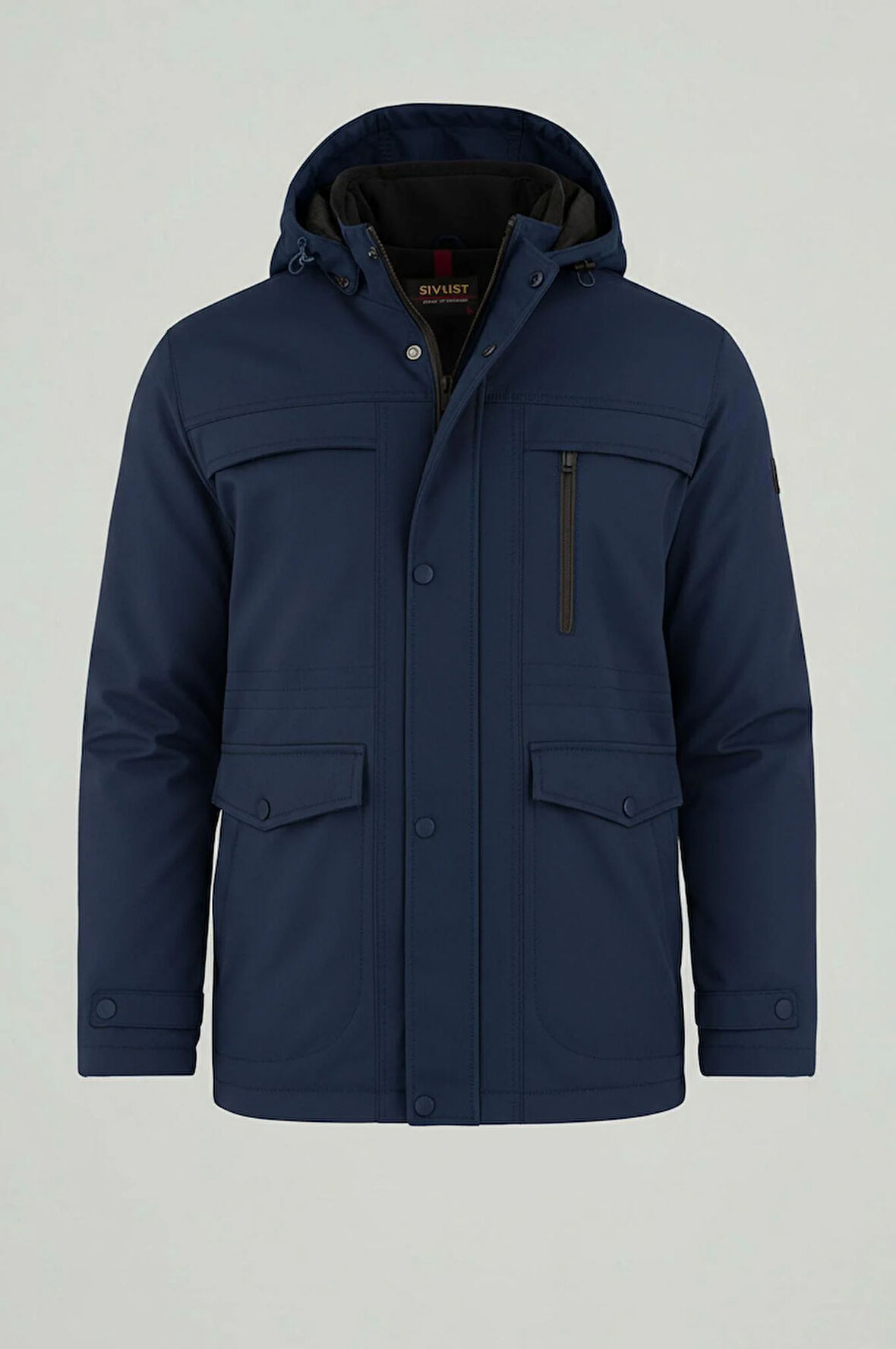 Erkek Lacivert Pamuk Polyester Karışımlı Kürklü Çıkartılabilir Kapüşonlu Mont&Kaban