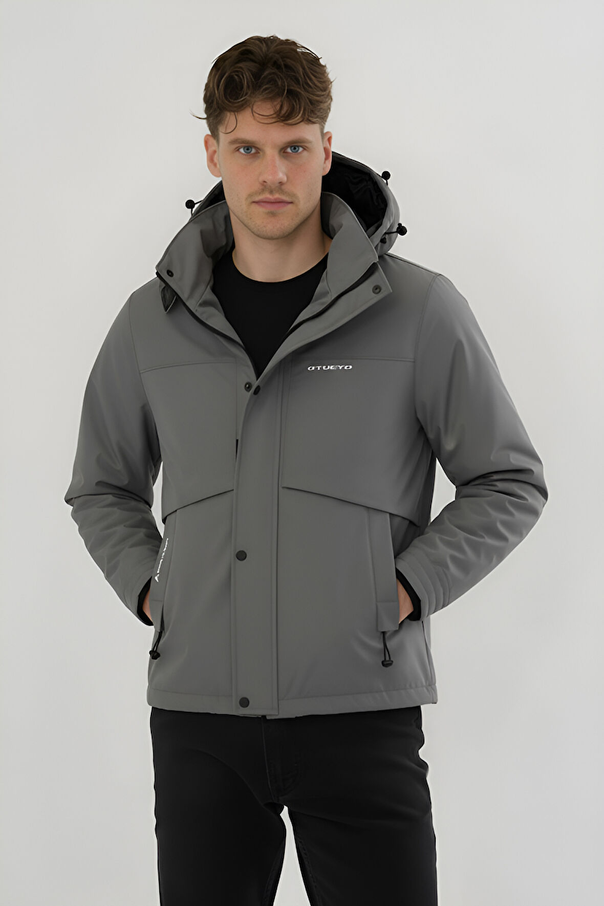 Erkek Gri Su Ve Rüzgar Geçirmez Çıkartılabilir Kapüşonlu Softshell Mont&Kaban