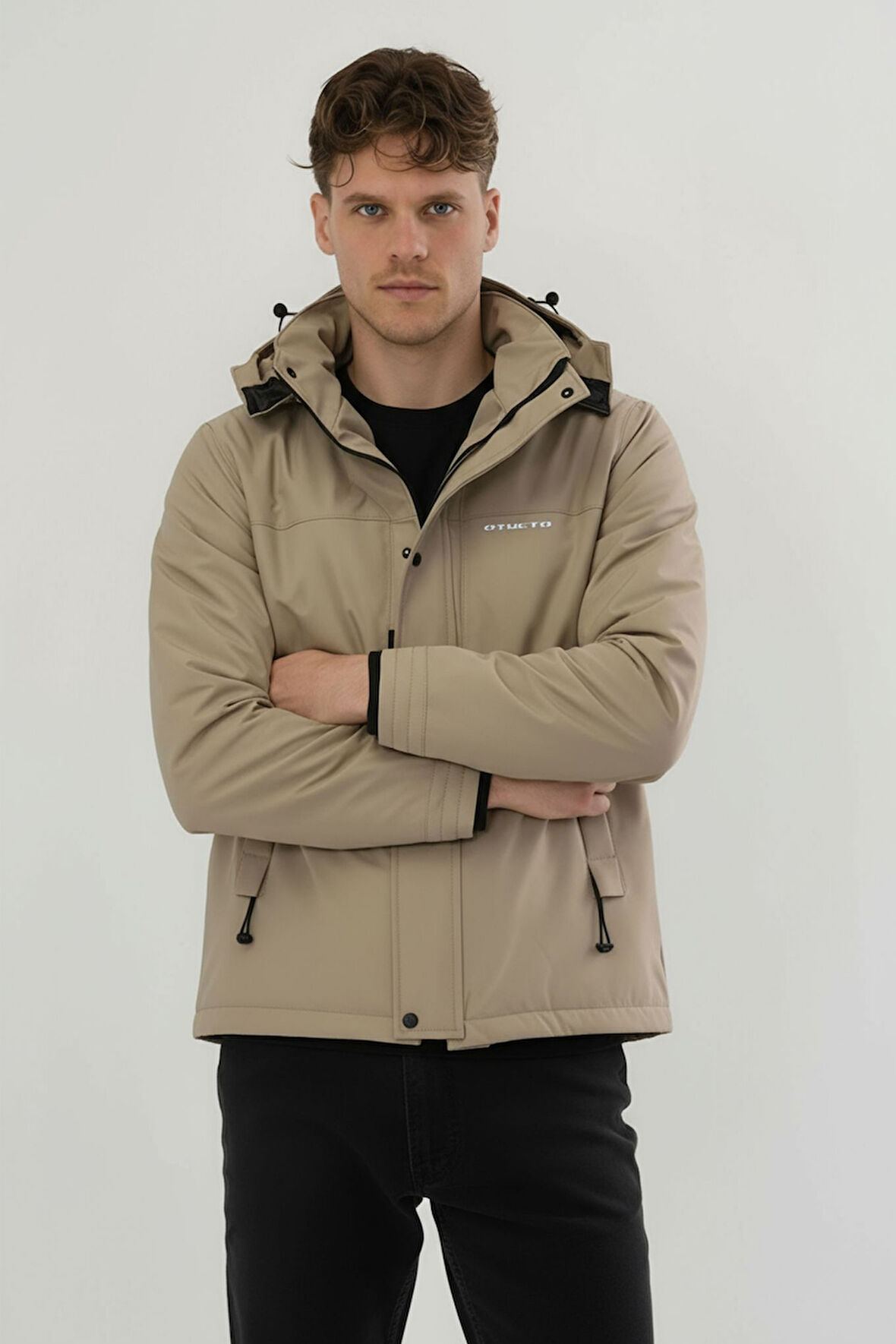 Erkek Krem Su Ve Rüzgar Geçirmez Çıkartılabilir Kapüşonlu Softshell Mont&Kaban