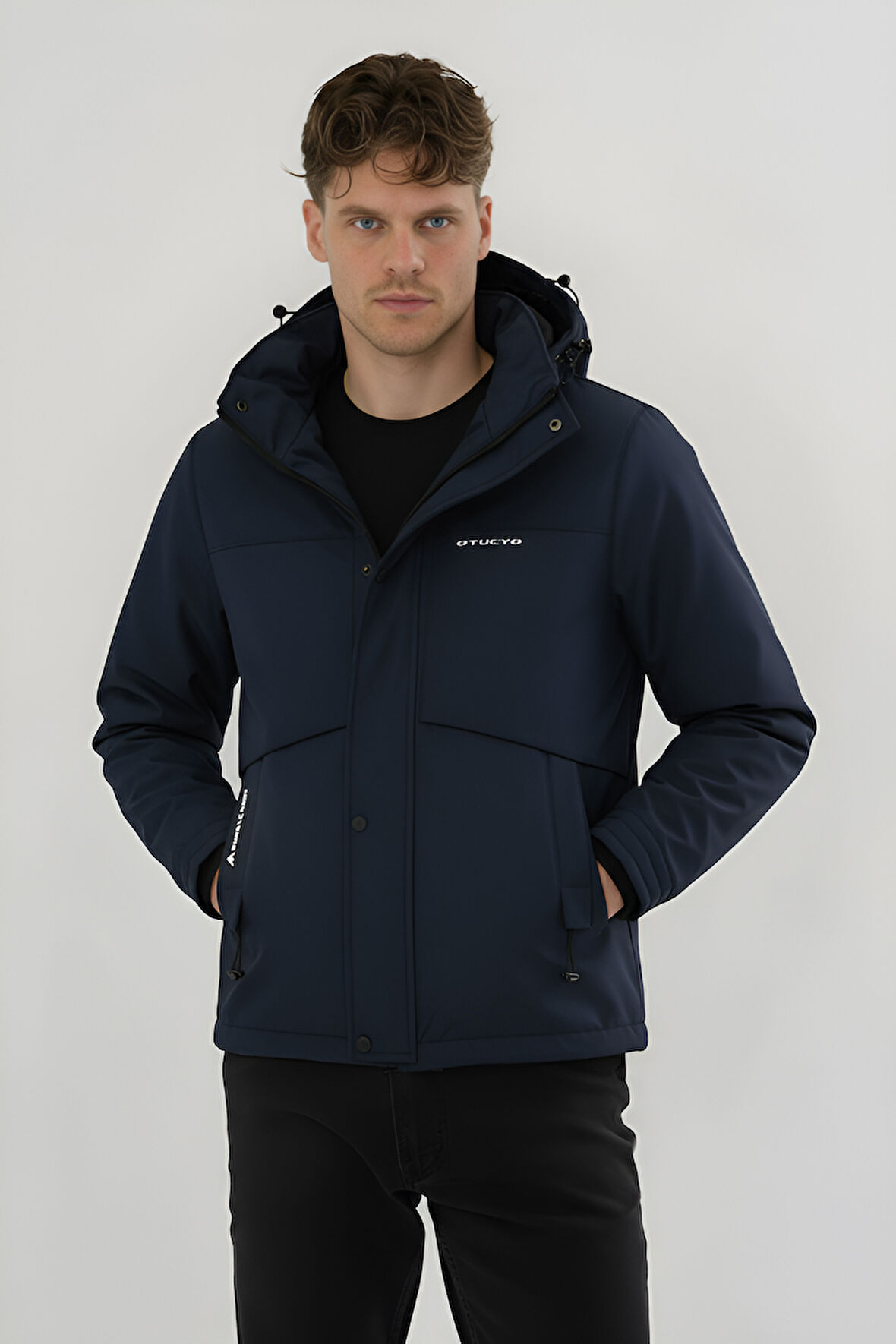 Erkek Lacivert Su Ve Rüzgar Geçirmez Çıkartılabilir Kapüşonlu Softshell Mont&Kaban