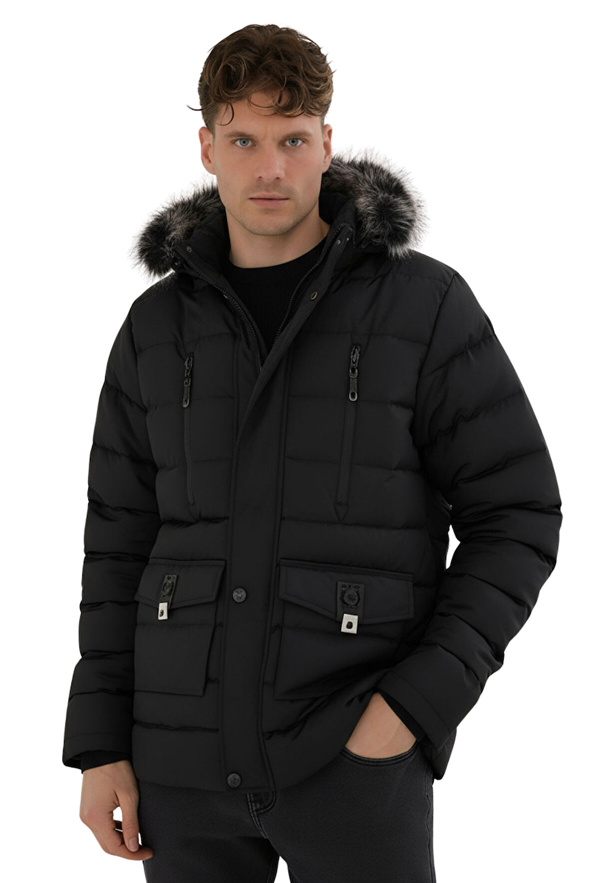 Erkek Siyah Erkek Outdoor Su Geçirmez Kapüşonlu Kışlık Kaban – Rüzgar ve Yağmura Dayanıklı Mont&Kaban