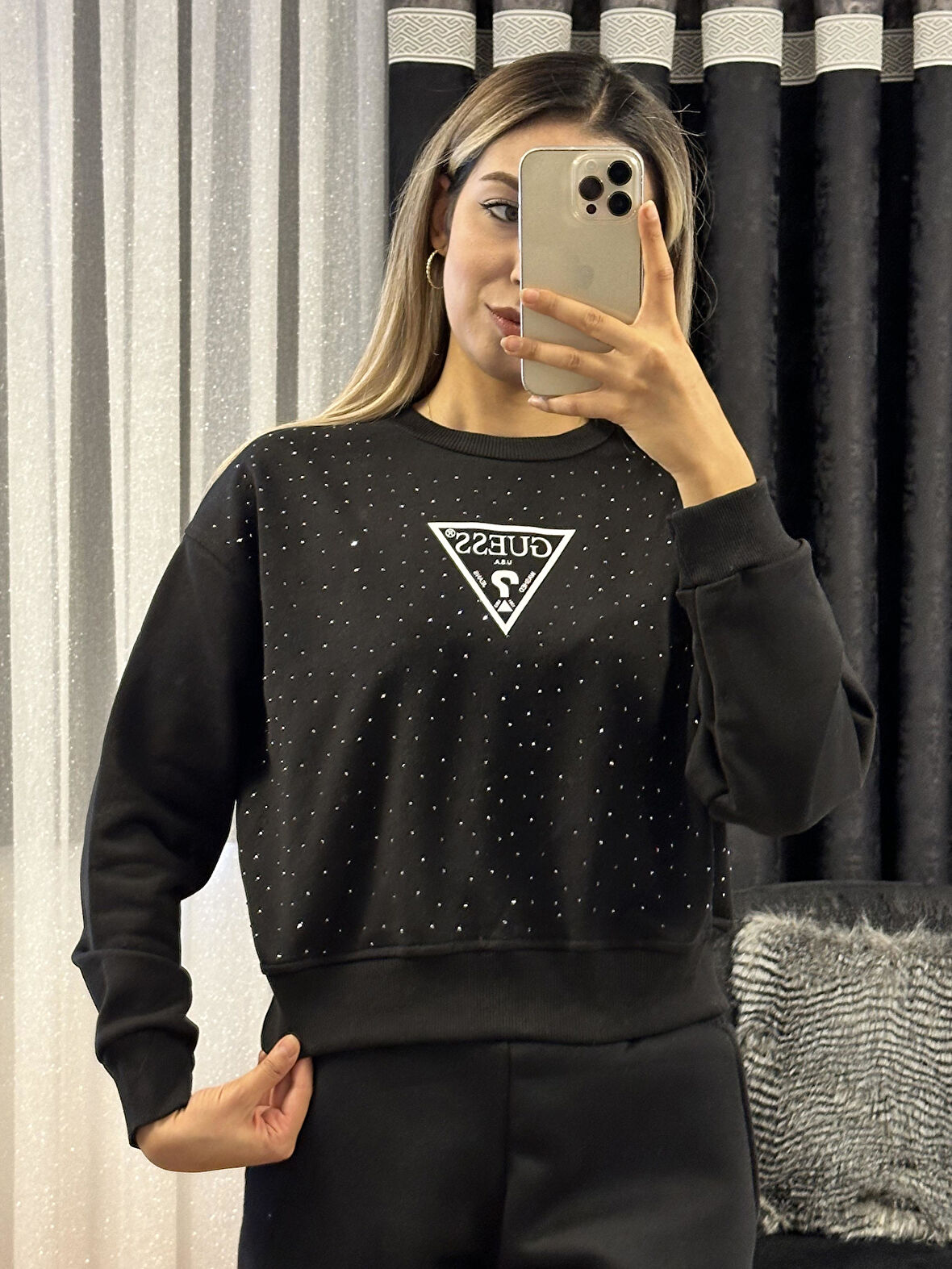 Muadil Taşlı Crop Sweatshirt Siyah