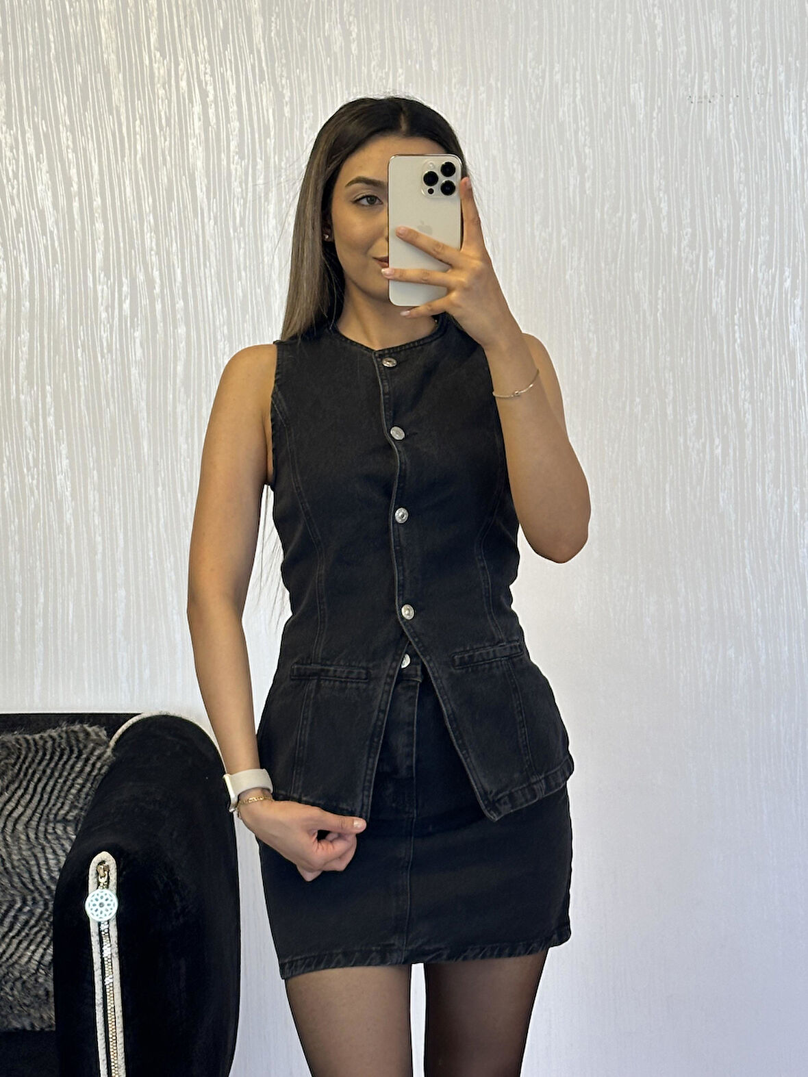 Antrasit Denim Sıfır Yaka Yelek Etek Takım