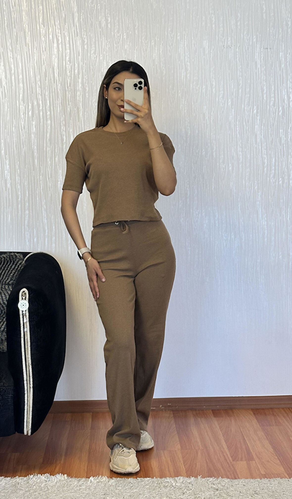 Fitilli Esnek Kumaş Basic Takım Camel