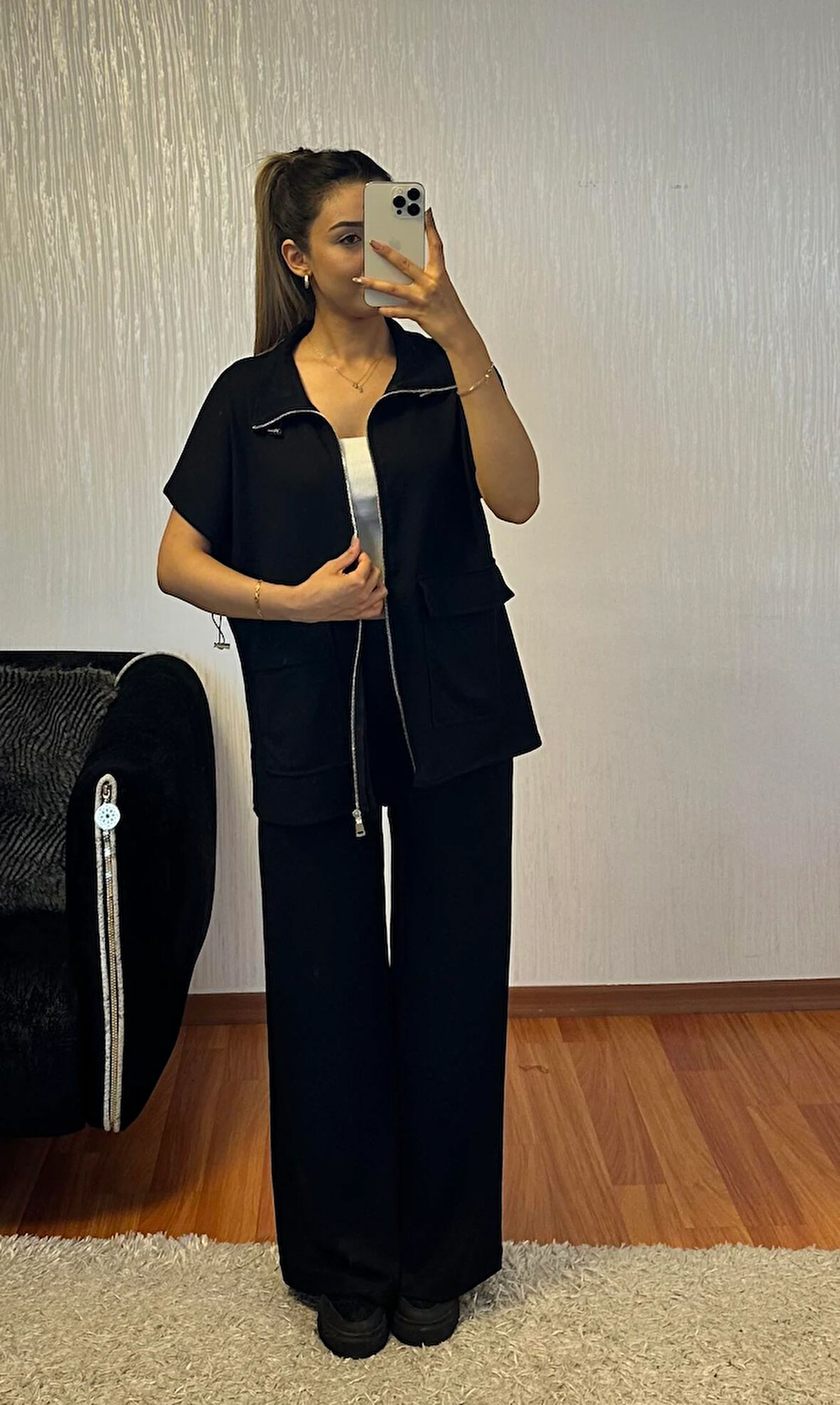 Siyah Bel Lastik Detaylı Yelekli Modal Takım