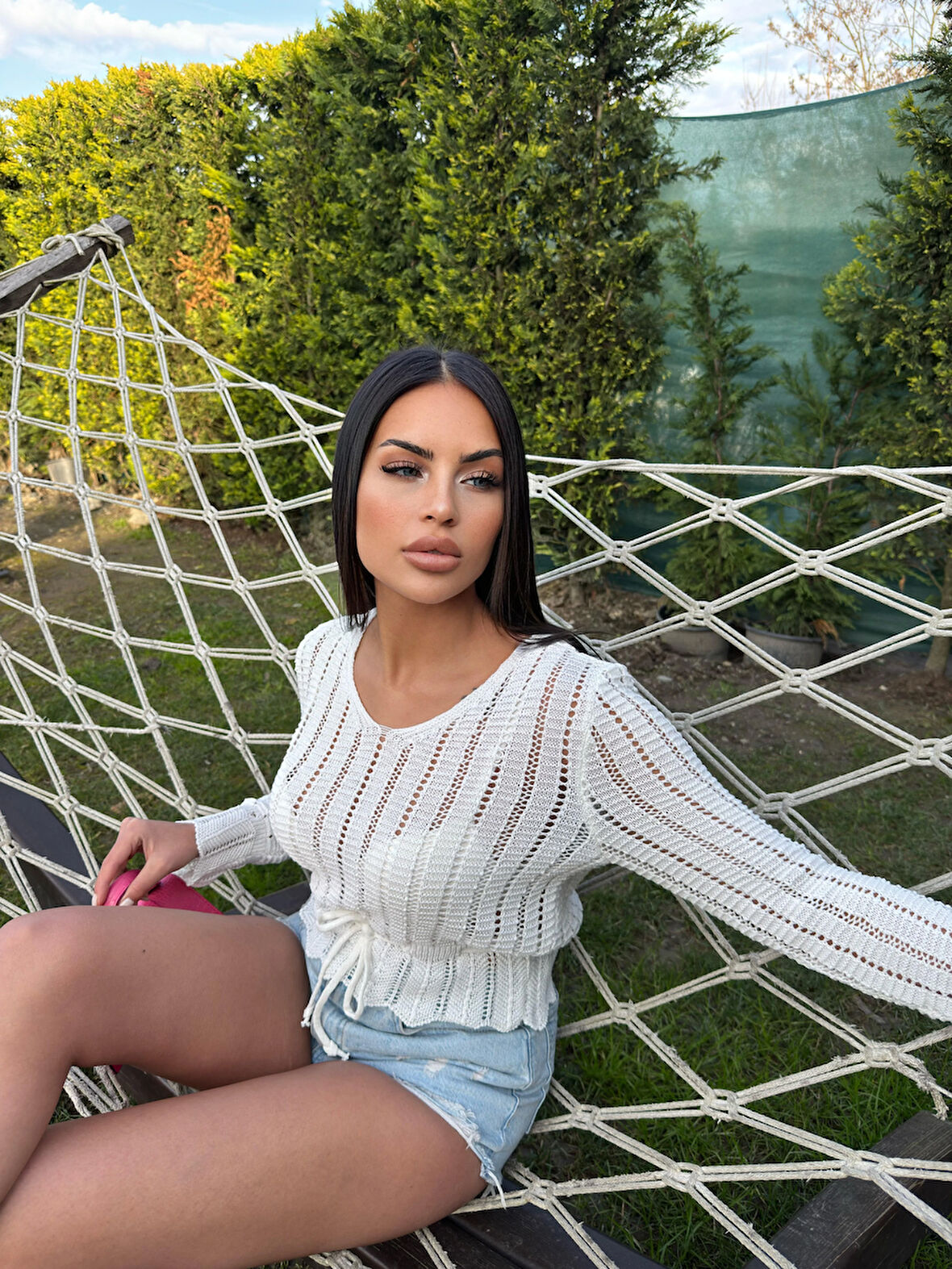 KADIN EKRU BELİ BÜZGÜLÜ İP DETAYLI YAZLIK TRİKO BLUZ