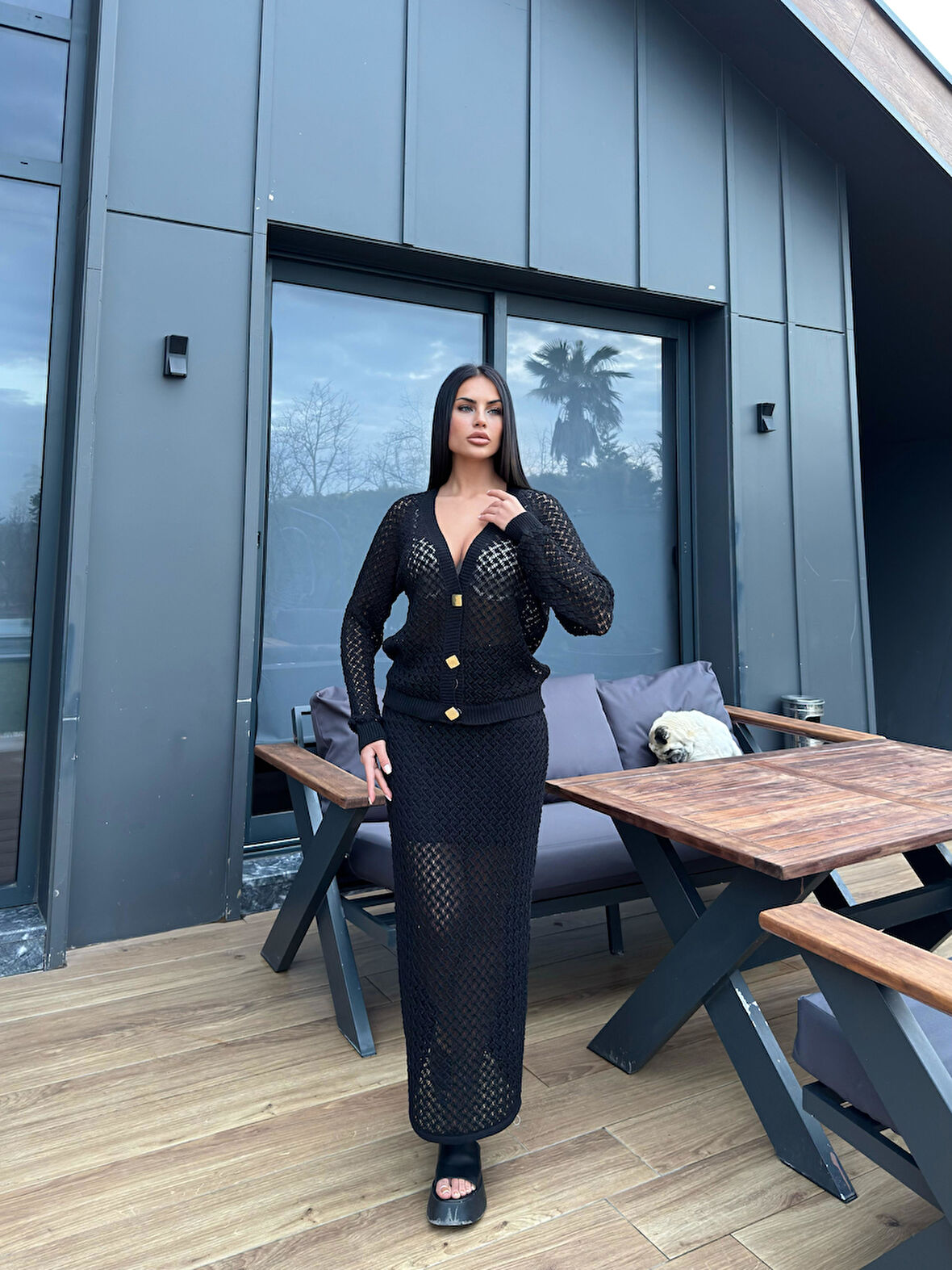 KADIN SİYAH ÜÇ DÜĞMELİ HIRKA VE  ETEK AJURLU TRİKO ALT ÜST TAKIM