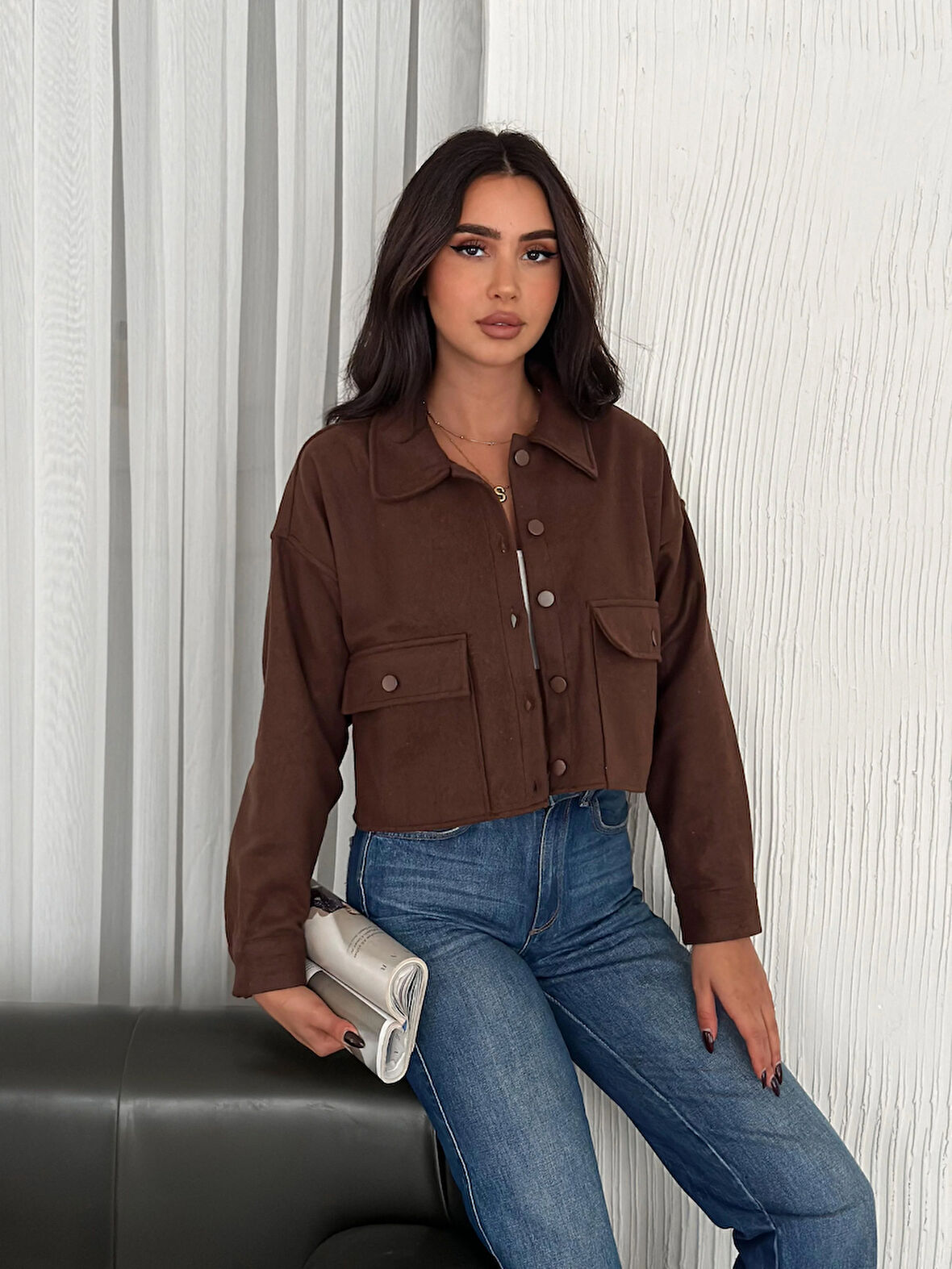 KADIN KAHVERENGİ CEP DETAYLI YAKALI CEKET / GÖMLEK