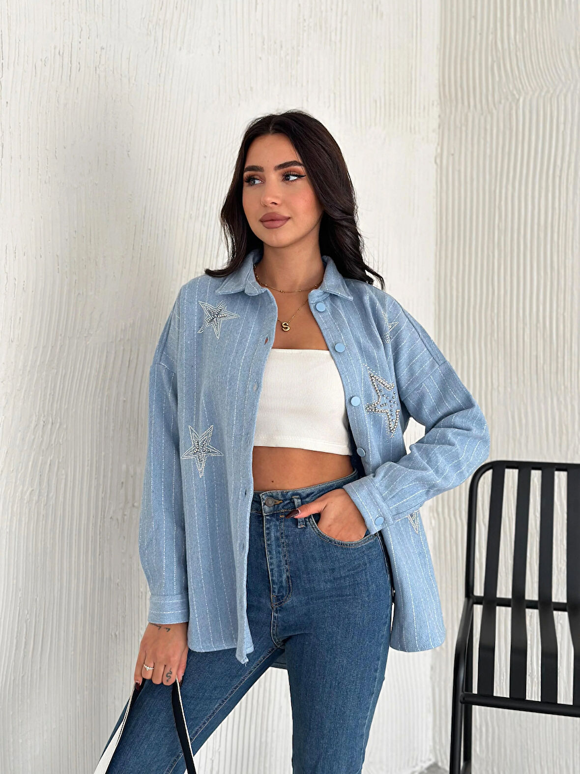 KADIN MAVİ YILDIZ İÇİ BONCUK VE TAŞ İŞLEMELİ KAŞE CEKET GÖMLEK