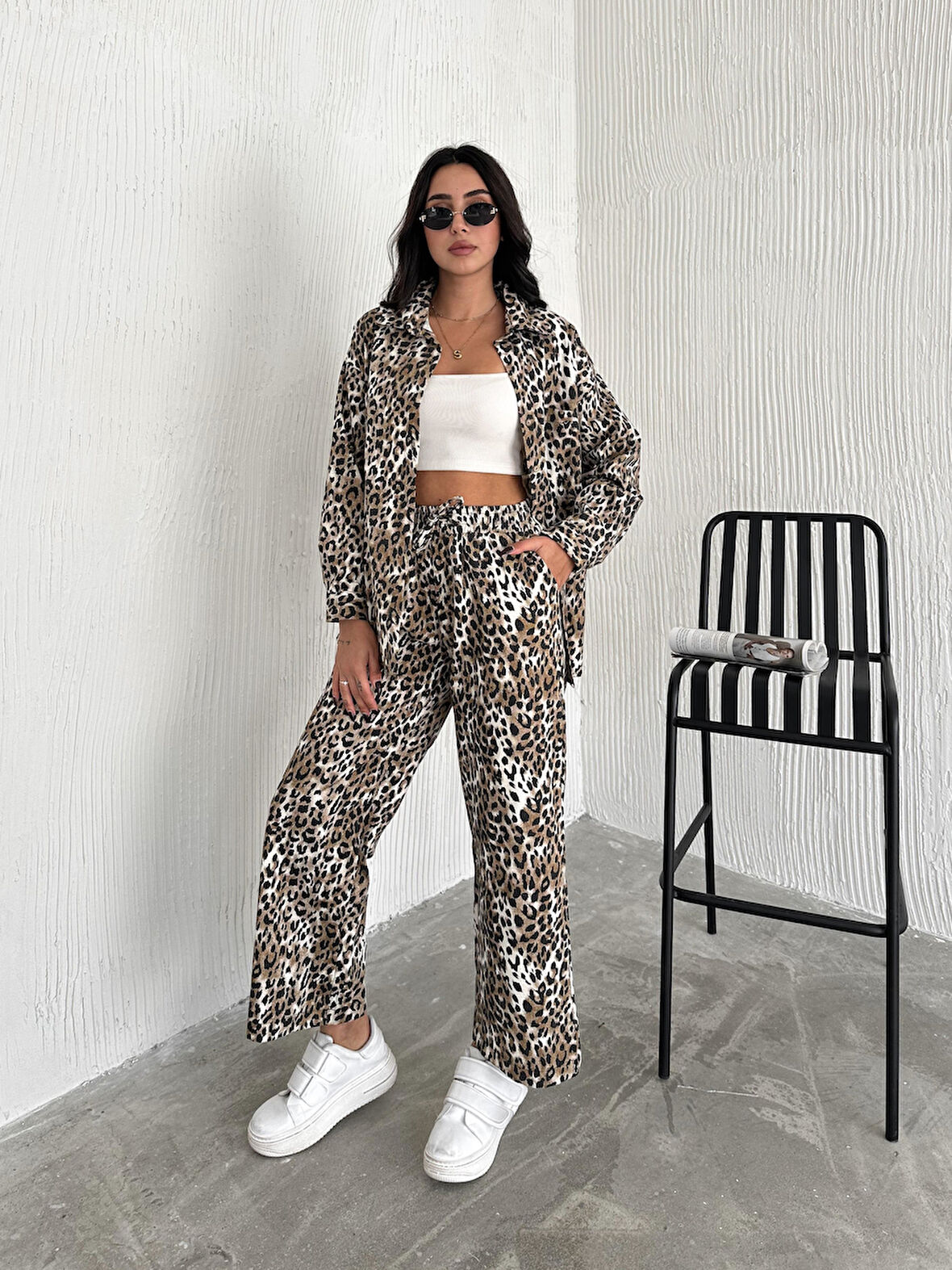 KADIN CAMEL LEOPAR GABARDİN KUMAŞ PANTOLON GÖMLEK 2'Lİ TAKIM 