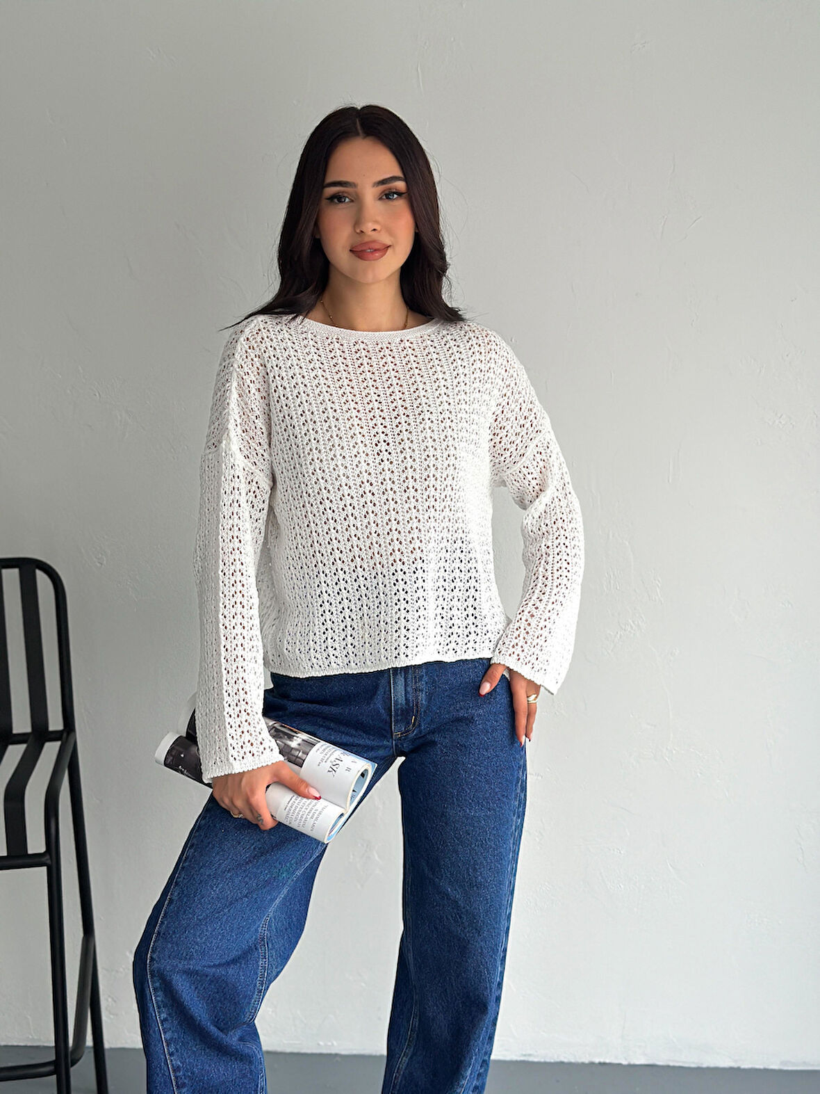 KADIN KREM AJURLU MEVSİMLİK TRİKO BLUZ