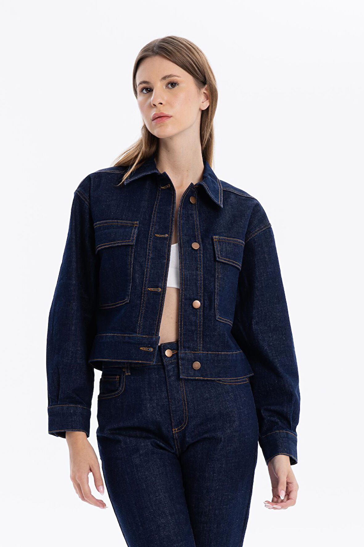 Slim Fit Cepli Denim Kadın Ceket