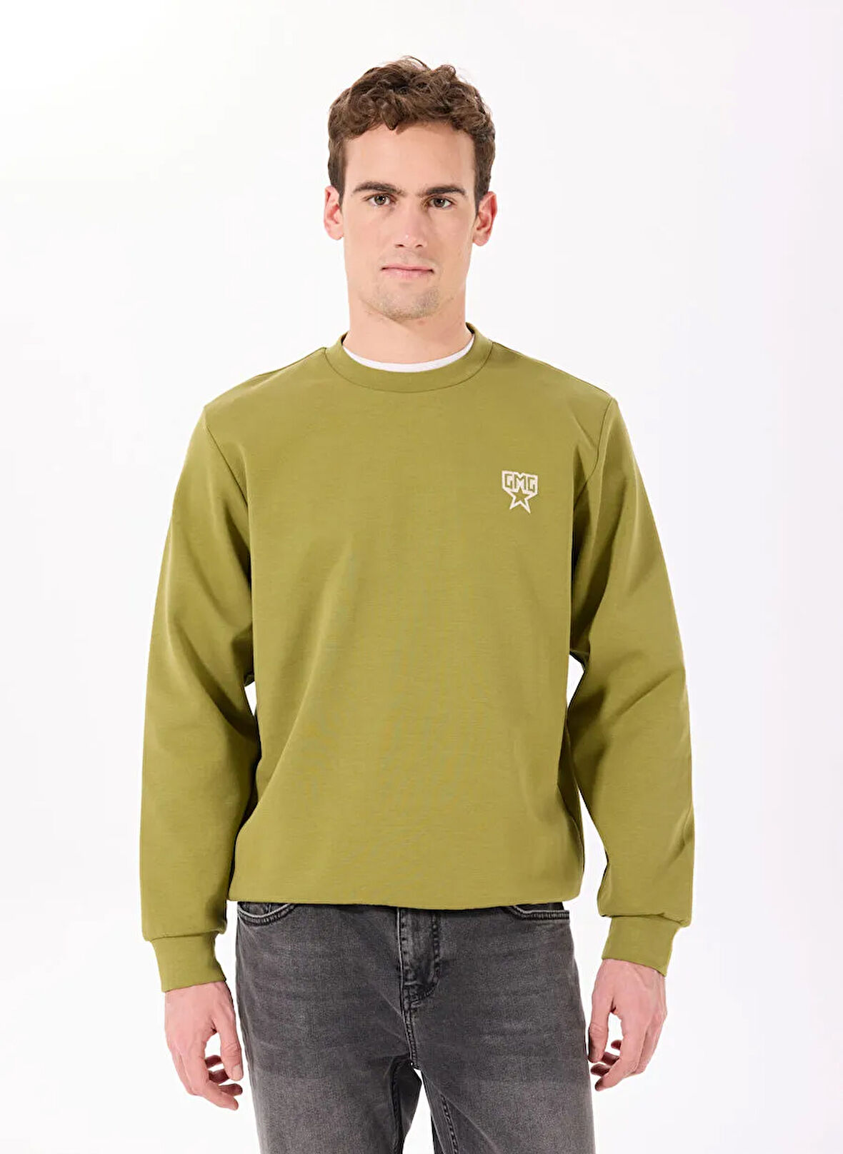 Bisiklet Yaka Sırtı Flok Göğsü Yıldız Baskılı Erkek Sweatshirt