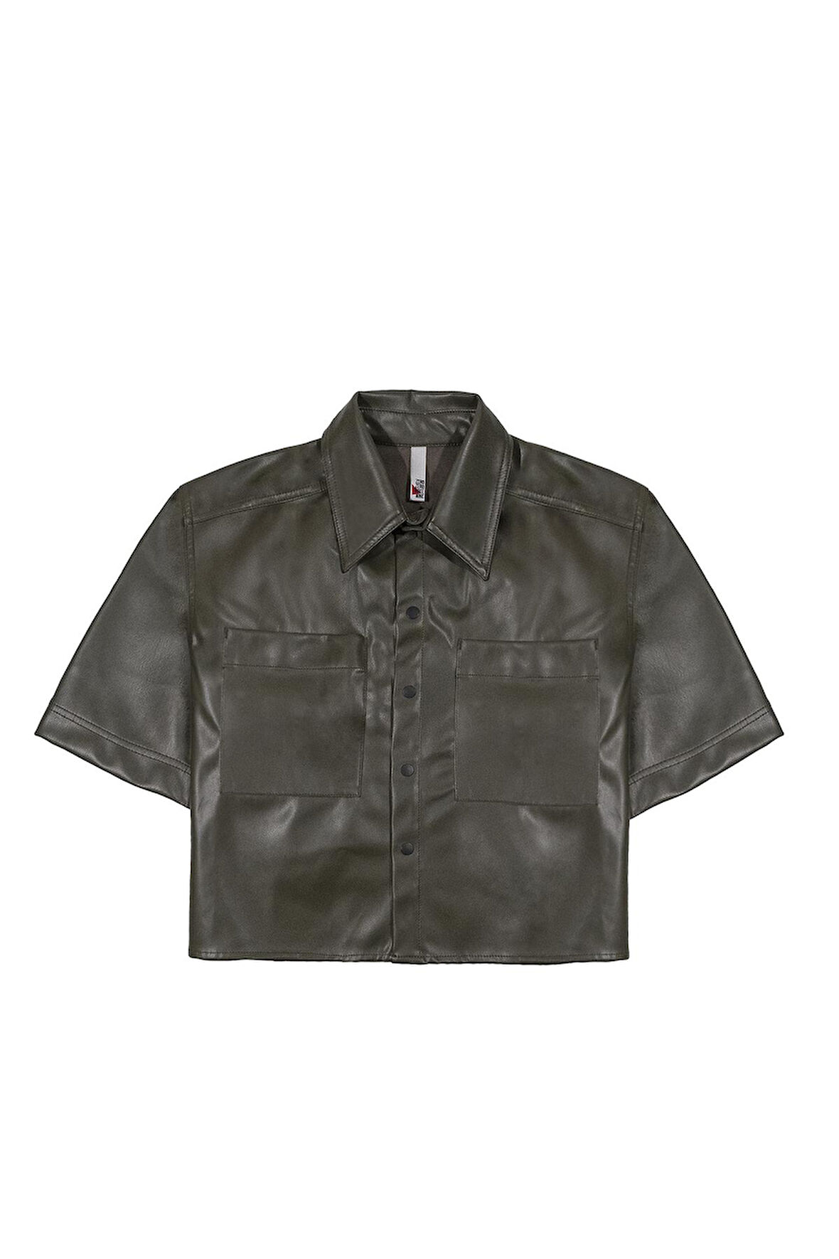 Kısa Kollu Cepli Deri Kadın Gömlek