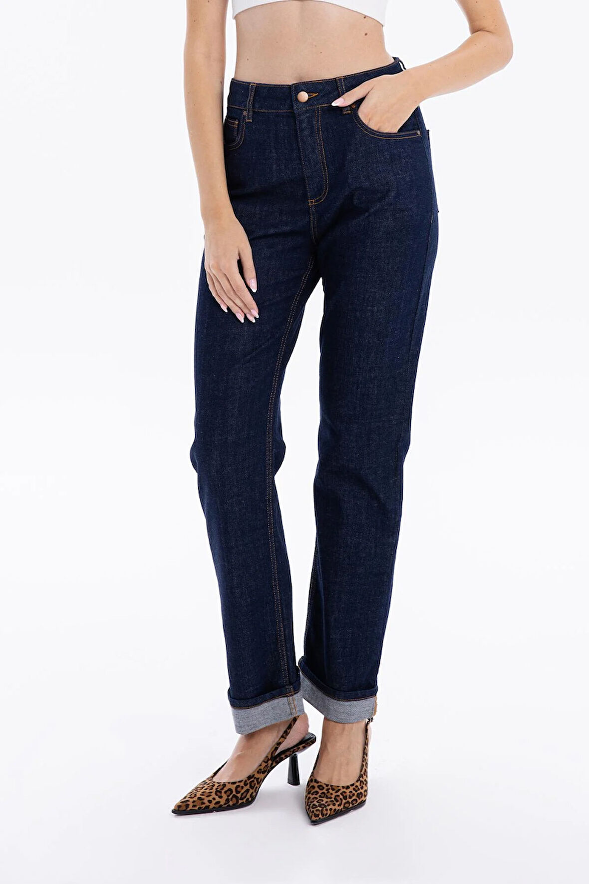 Yüksek Bel Straight Fit Denim Kadın Jean Pantolon