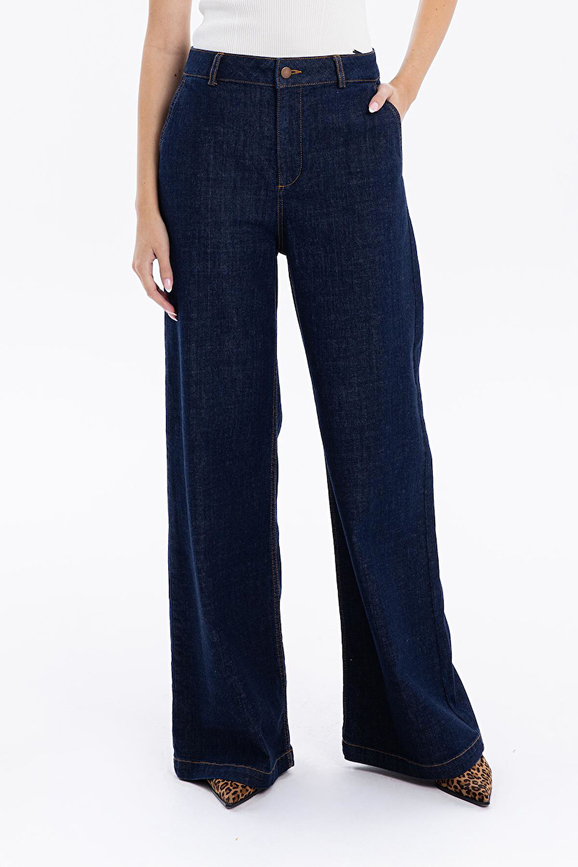Yüksek Bel Wide Leg Bol Paça Denim Kadın Jean Pantolon