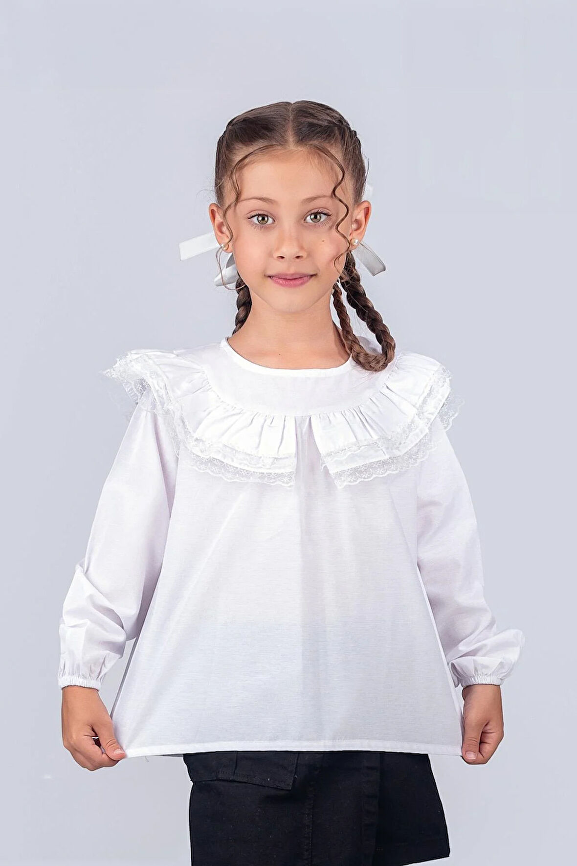 Kız Çocuk Okul Gömleği Dantelli Fırfır Detaylı 5-8 Yaş