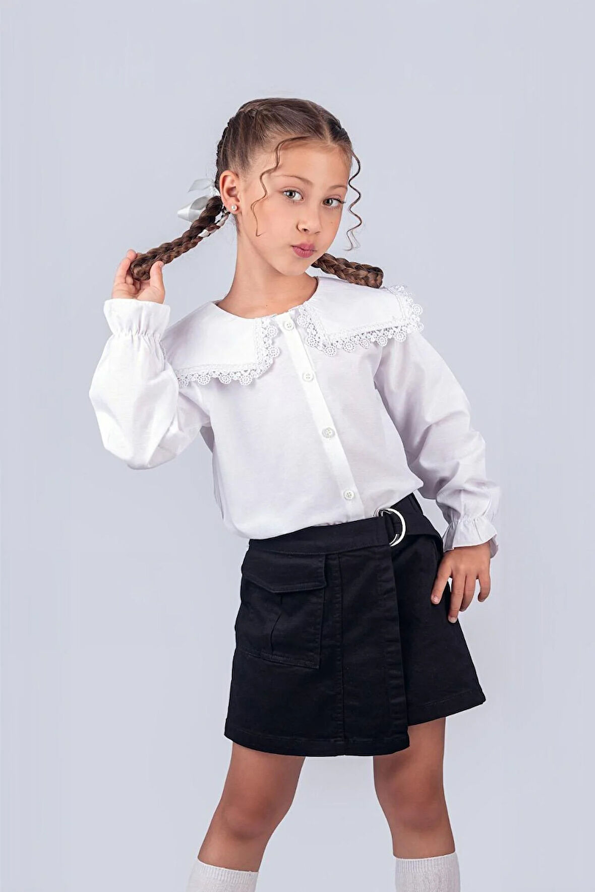Kız Çocuk Okul Gömleği Dantelli Yaka 9-12 Yaş