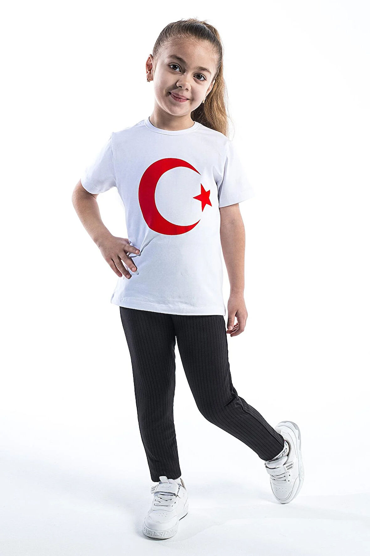 Kız Çocuk Türk Bayraklı Beyaz Tshirt Penye