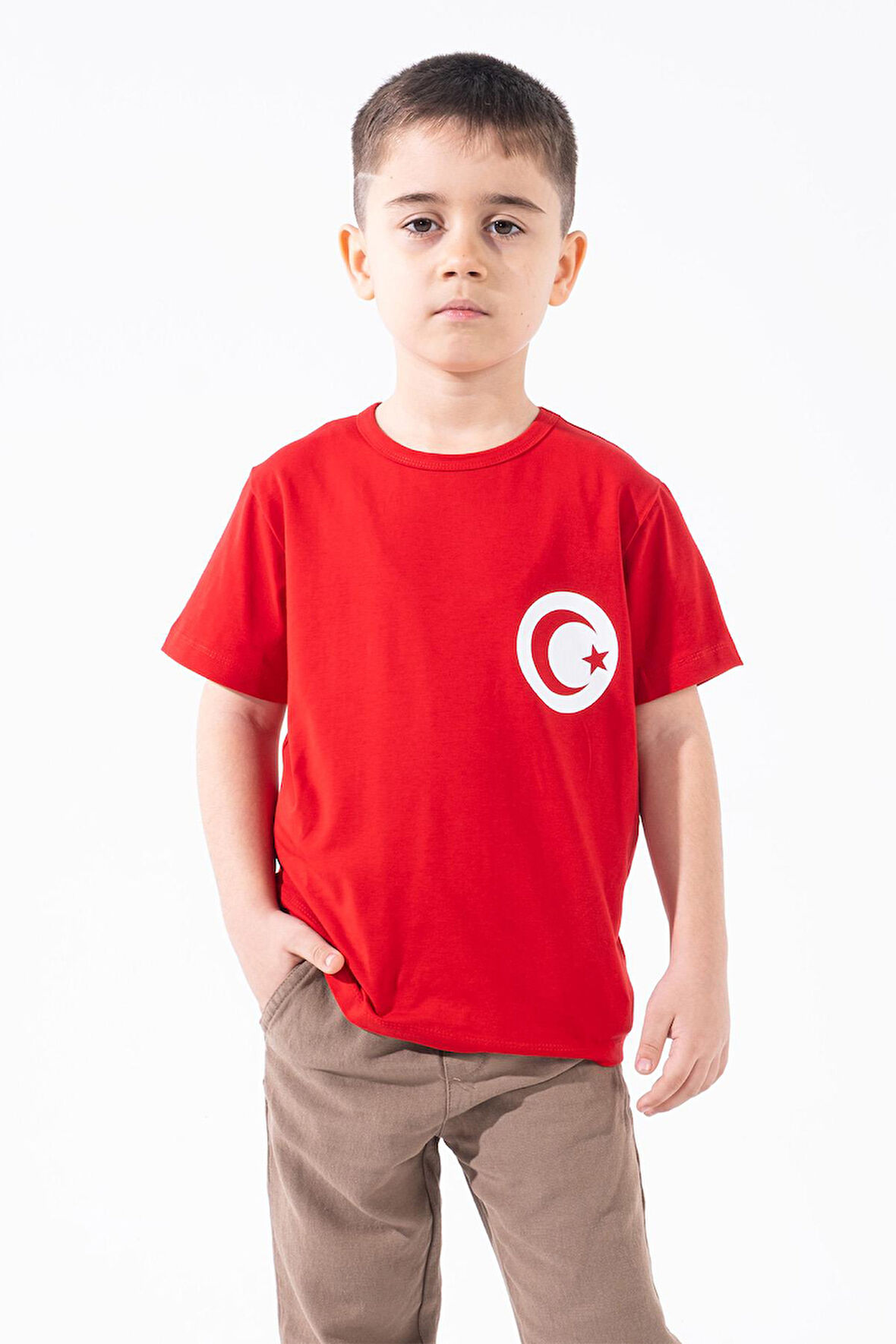 Erkek Çocuk Türk Bayrak Göğüs Arma Baskılı Kırmızı Tshirt