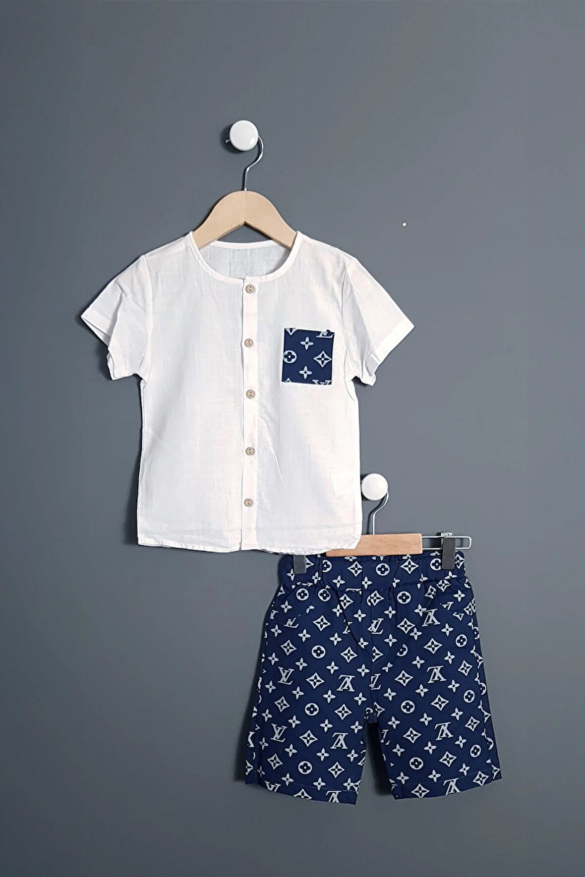 Erkek Çocuk Müslin Gömlek Şort 2'li Takım LV Tasarım Lacivert 2-3-4-5 Yaş Seçenekli