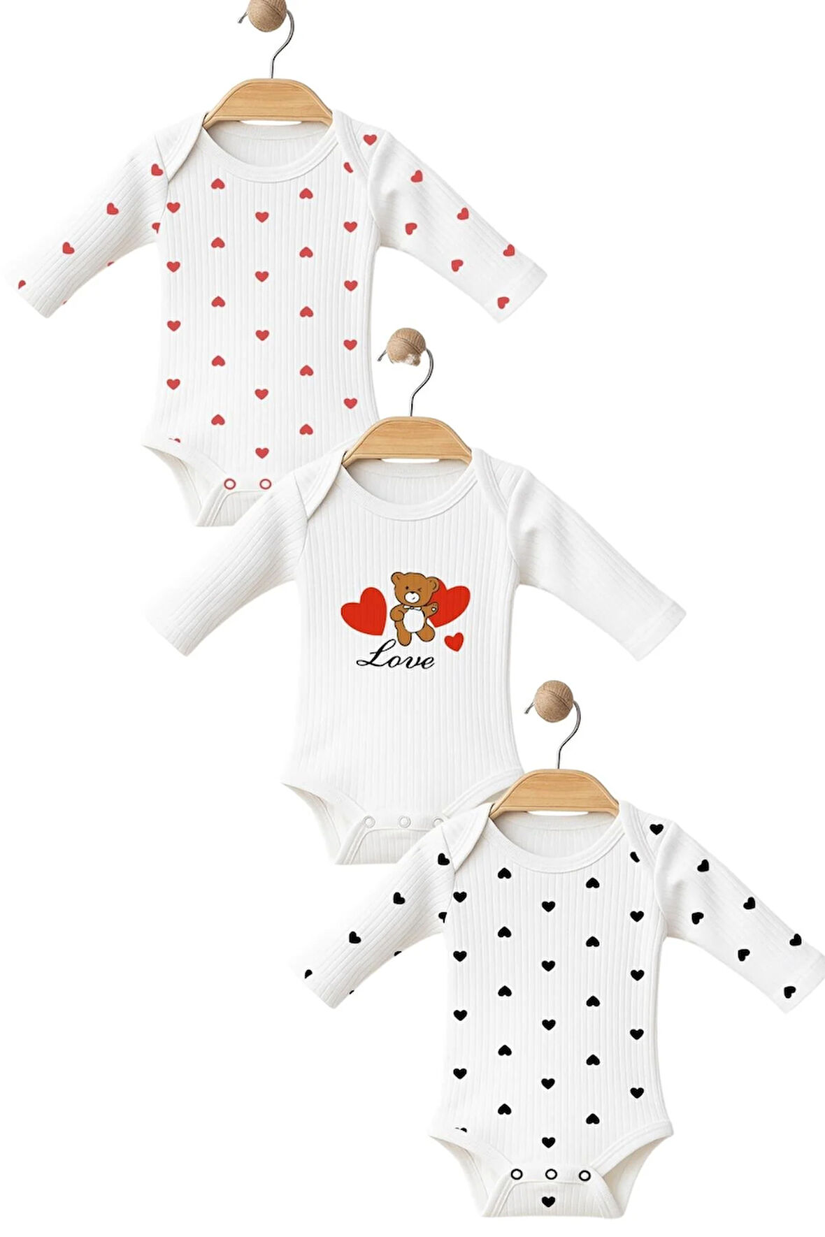 Uzun Kol Bebek Zıbın 3 Adet Kalp Body