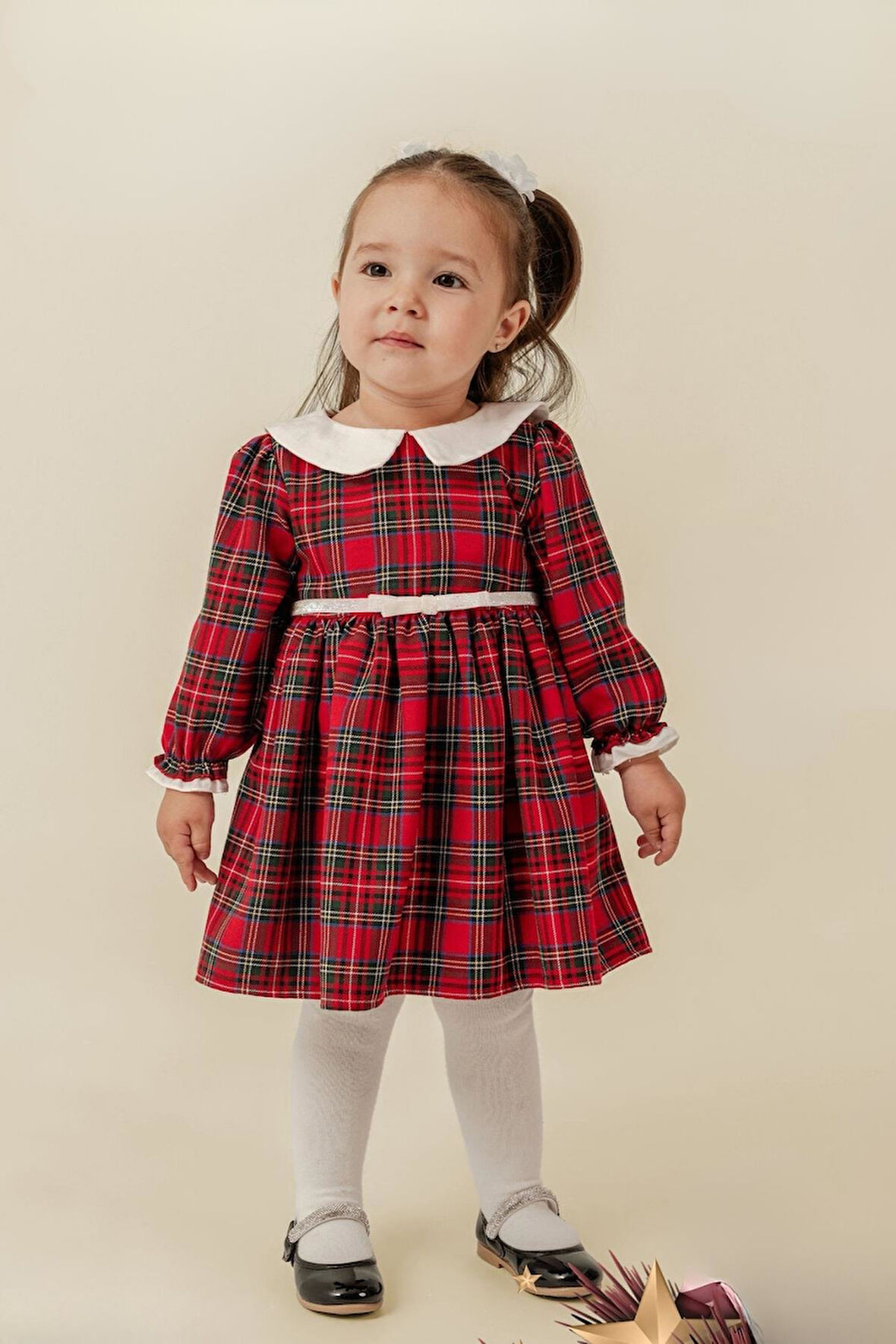 Kız Bebek Yılbaşı Konsept Kırmızı Ekose Elbise Garnili