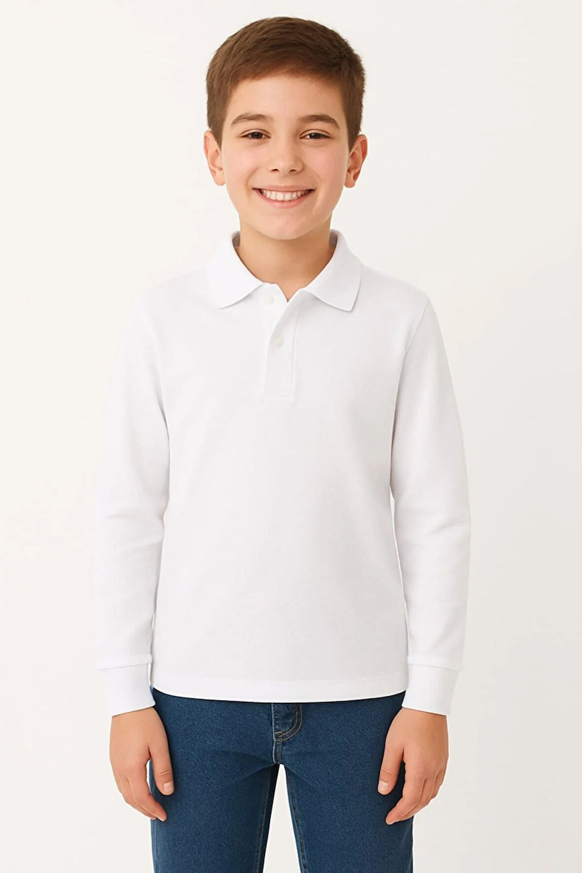 Çocuk Unisex Uzun Kollu Polo Yaka Tshirt Beyaz Okul 10-13 Yaş