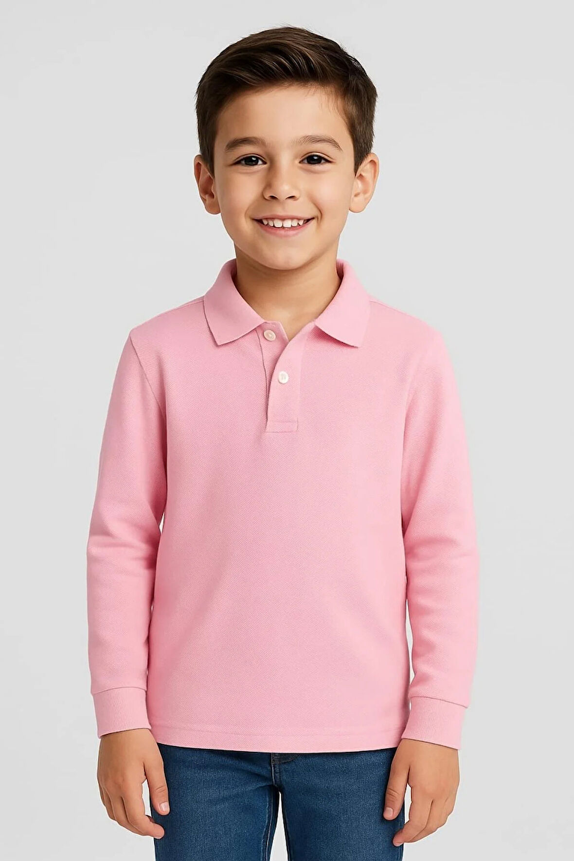 Çocuk Unisex Uzun Kollu Polo Yaka Tshirt Pembe Okul 10-13 Yaş