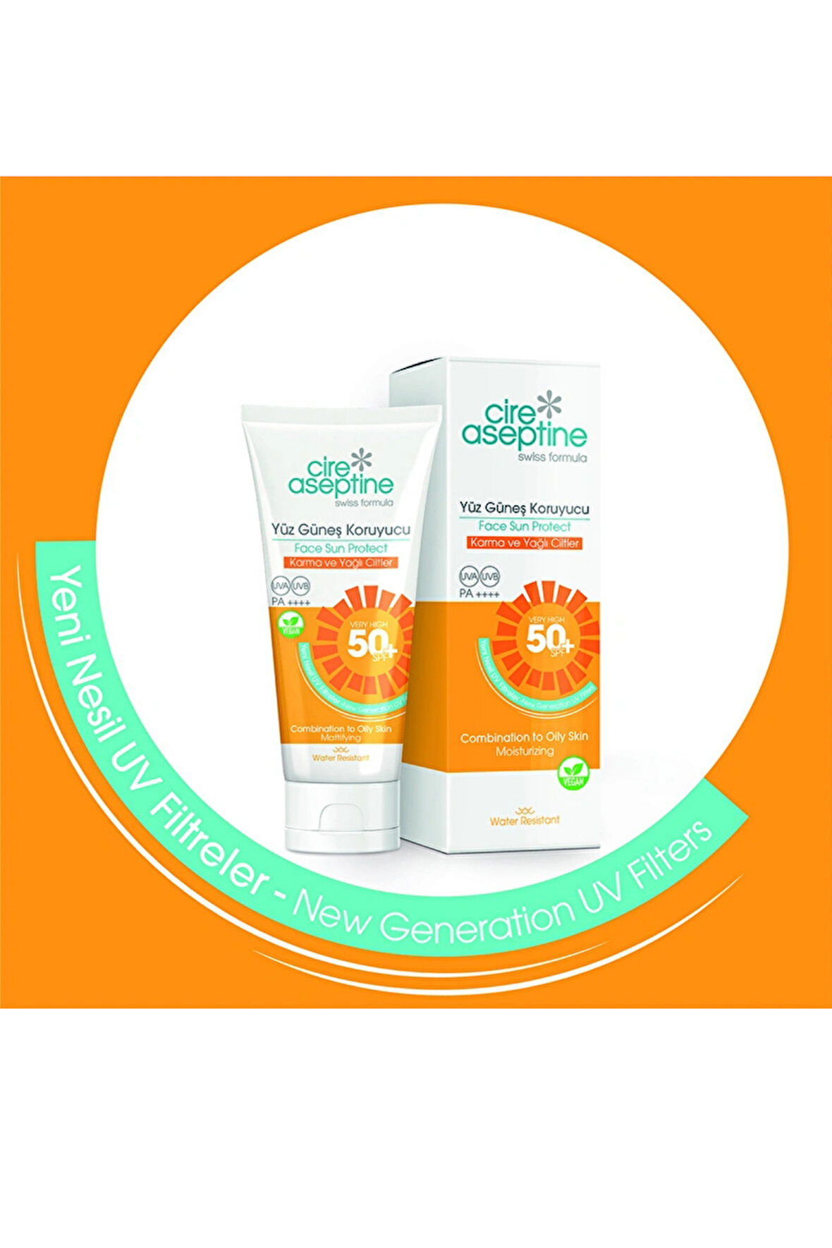 Cire Aseptine Yüz Güneş Koruyucu Krem SPF 50+ – Karma ve Yağlı Ciltler İçin, Matlaştırıcı Etki, 50 ml
