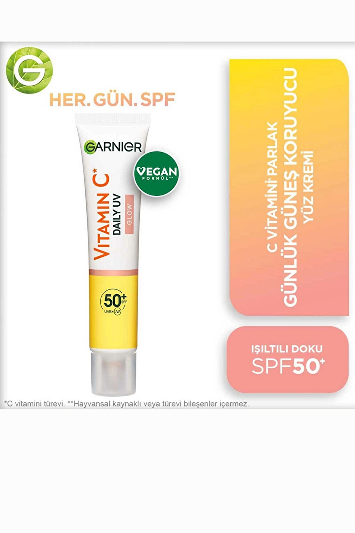 Garnier C Vitamini Parlak Güneş Koruyucu Yüz Kremi SPF50+ – Işıltılı Günlük Fluid Doku, 40 ml