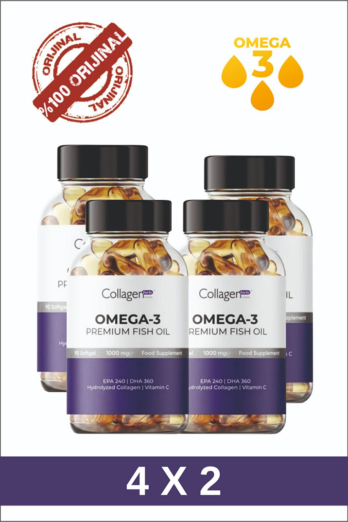 8 Adet Omega-3 Premium Fish Oil 90 Softgel X 1000mg, Balık Yağı, Hidrolize Kolajen