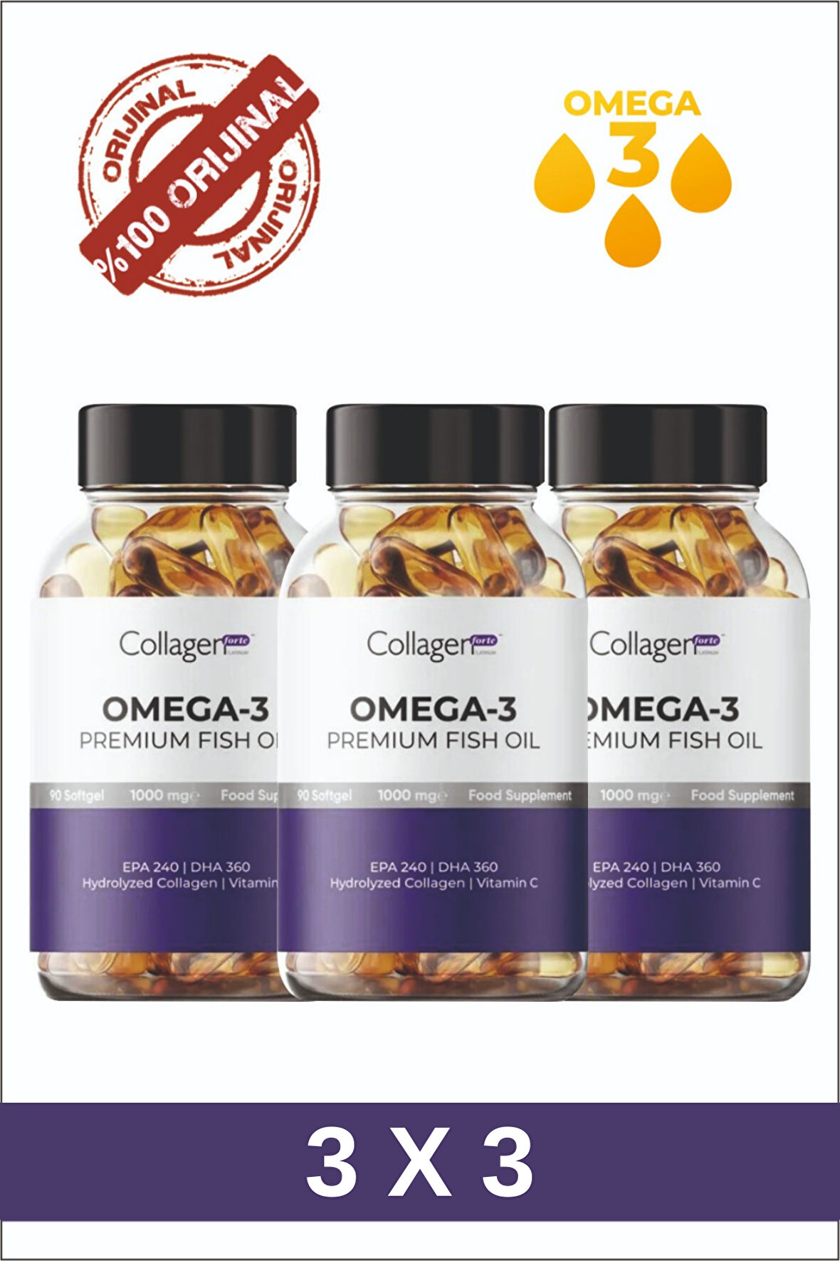 9 Adet Omega-3 Premium Fish Oil 90 Softgel X 1000mg, Balık Yağı, Hidrolize Kolajen