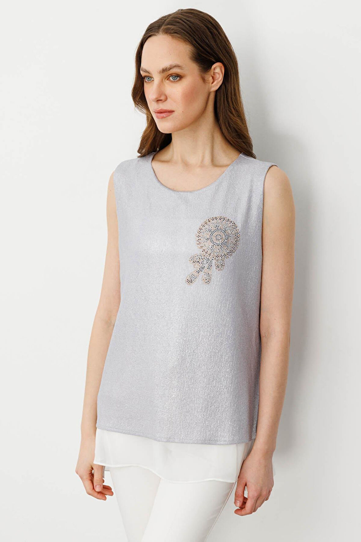 Kadın İçi Şifonlu Penye T-Shirt Gümüş