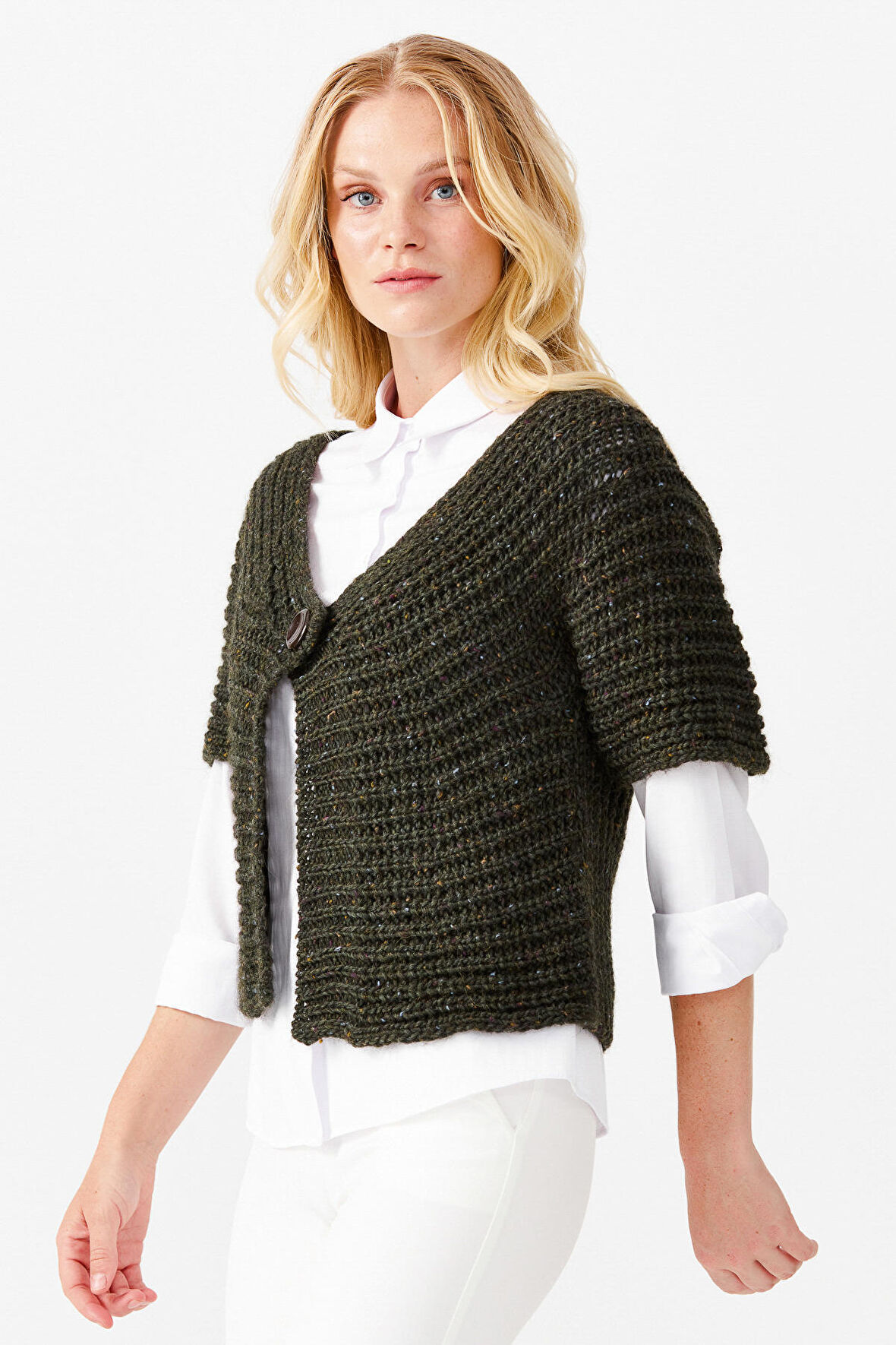 Kadın V Yaka Tek Düğmeli Kısa Yelek Yeşil