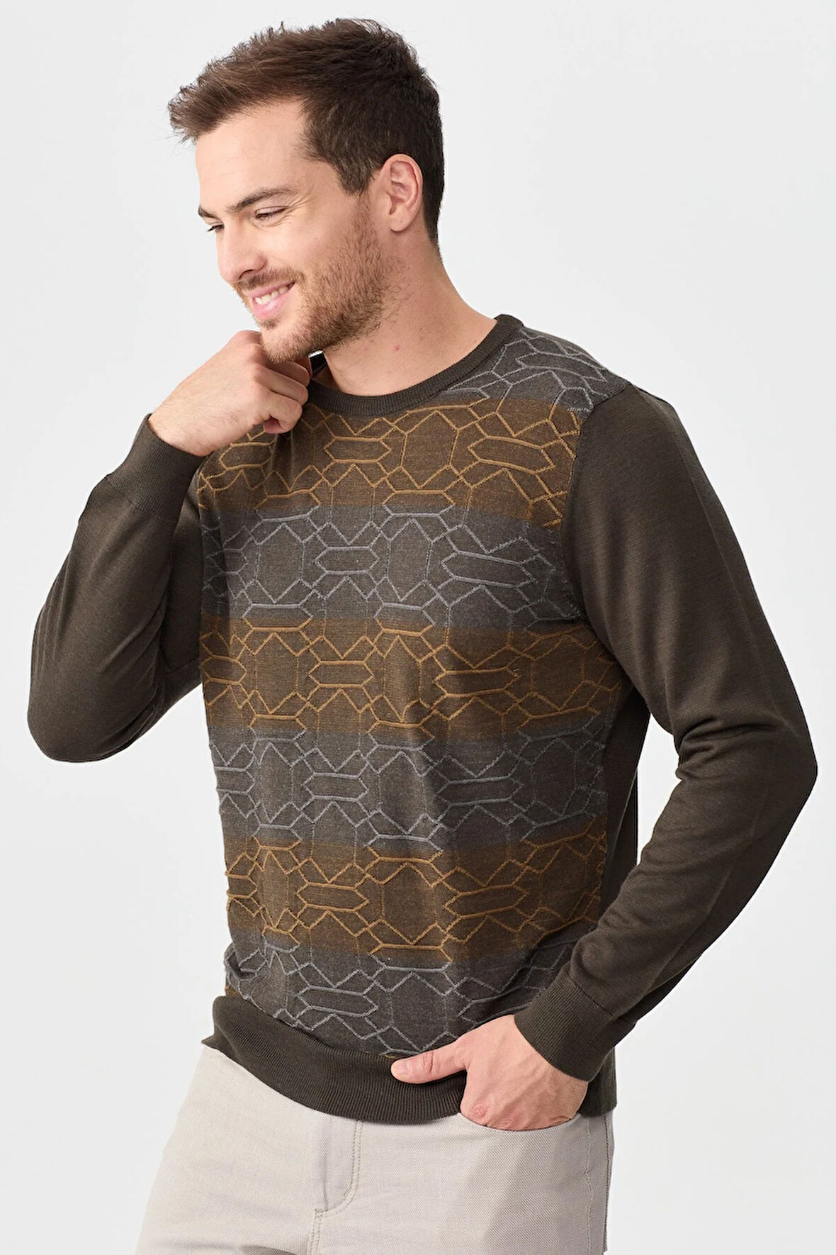 Erkek Önü Desenli Yün Kazak D.Kahve