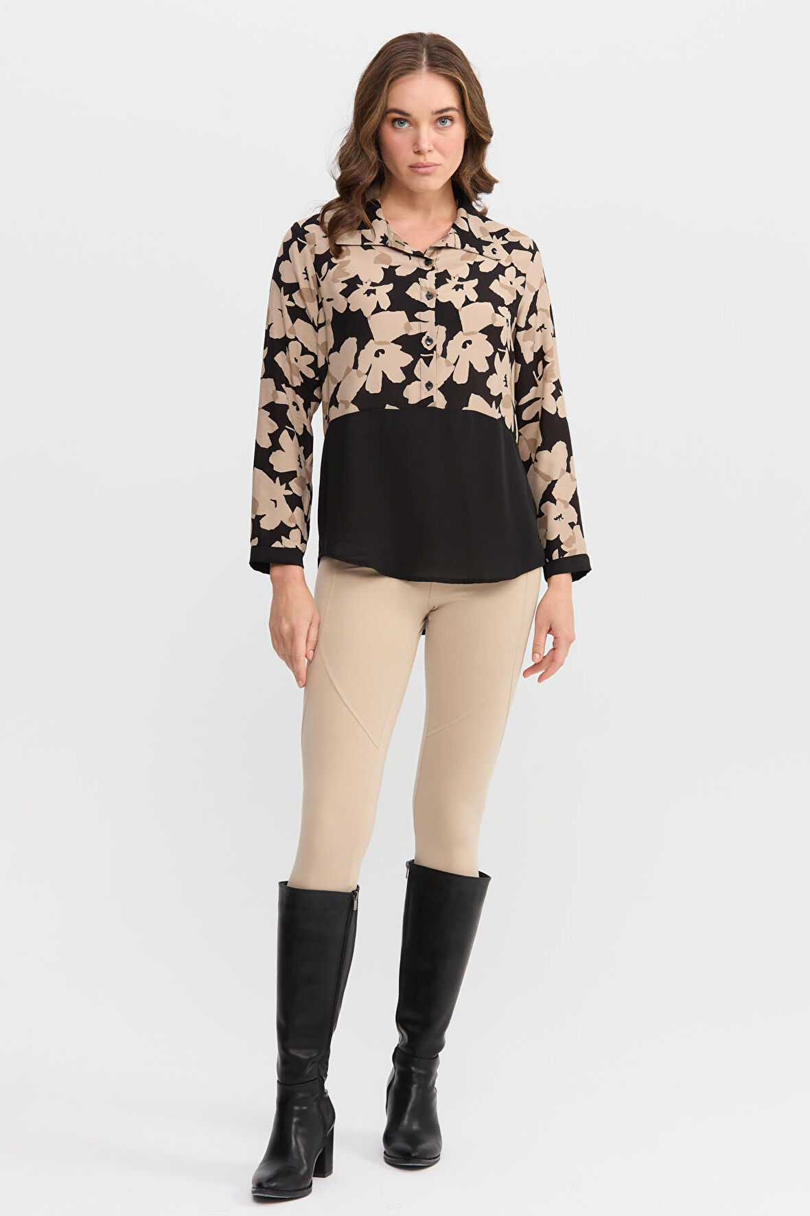 Kadın İki Renkli Çiçekli Gömlek Siyah