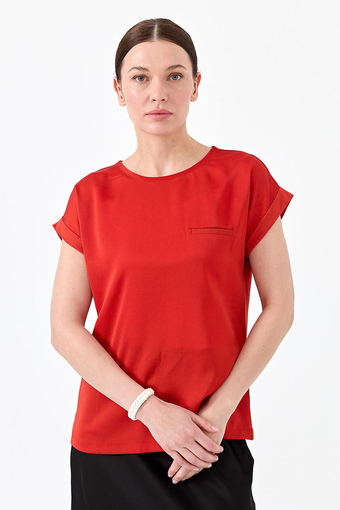 Kadın Kısa Kol Önü Saten Bluz Oranj