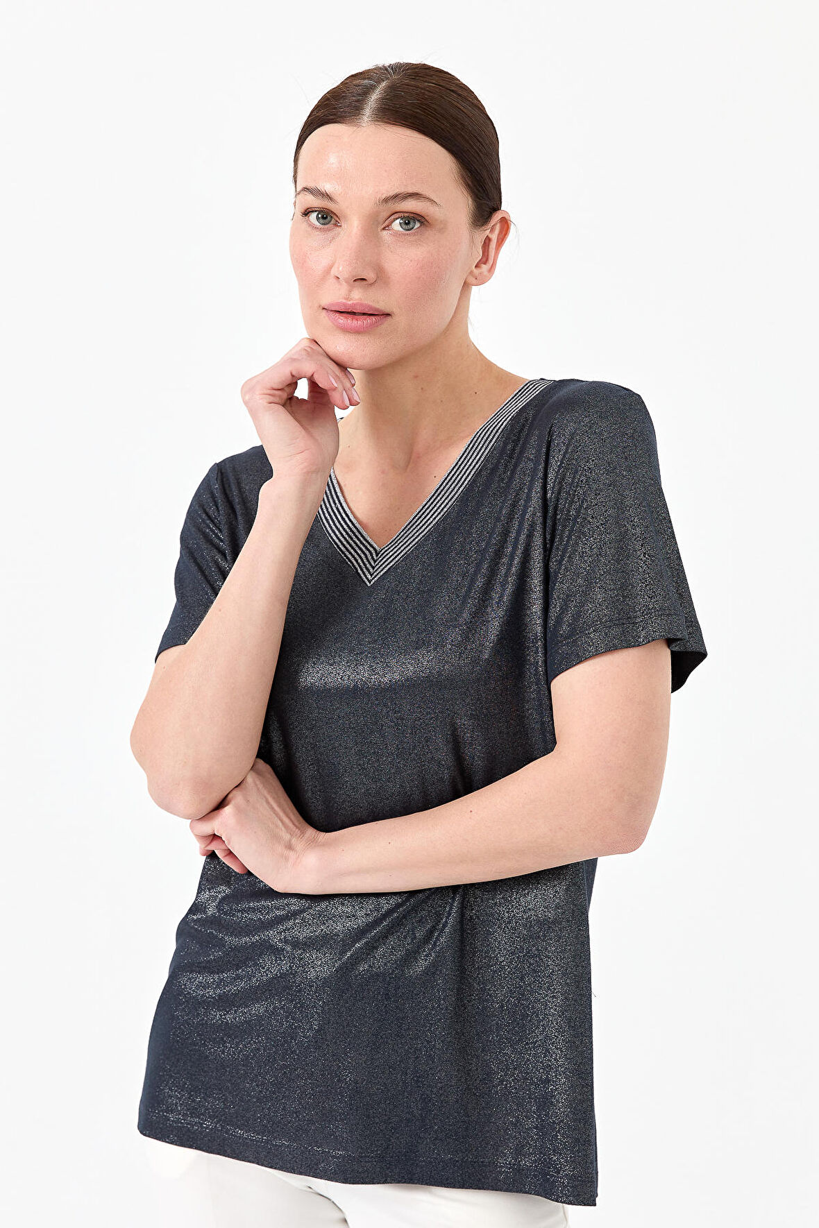 Kadın V Yaka Çizgili Penye T-shirt Lacivert